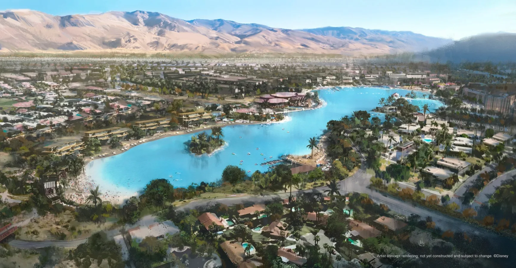 Architectural rendering of a desert residential community arranged around a large turquoise lagoon with a sandy beach and mountain backdrop.