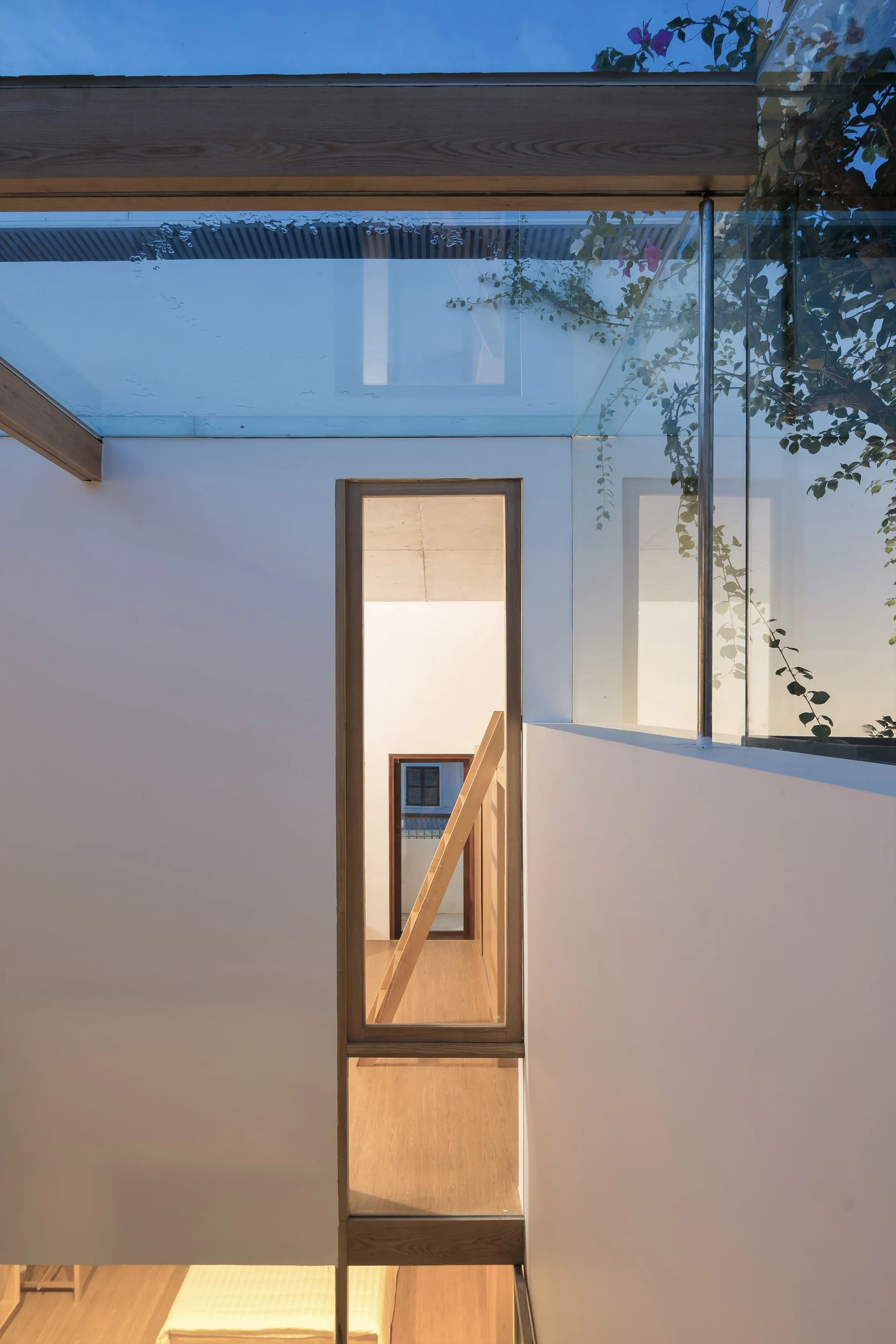 A minimalist interior featuring a glass ceiling above a white wall with a narrow rectangular opening looking into a wooden staircase.