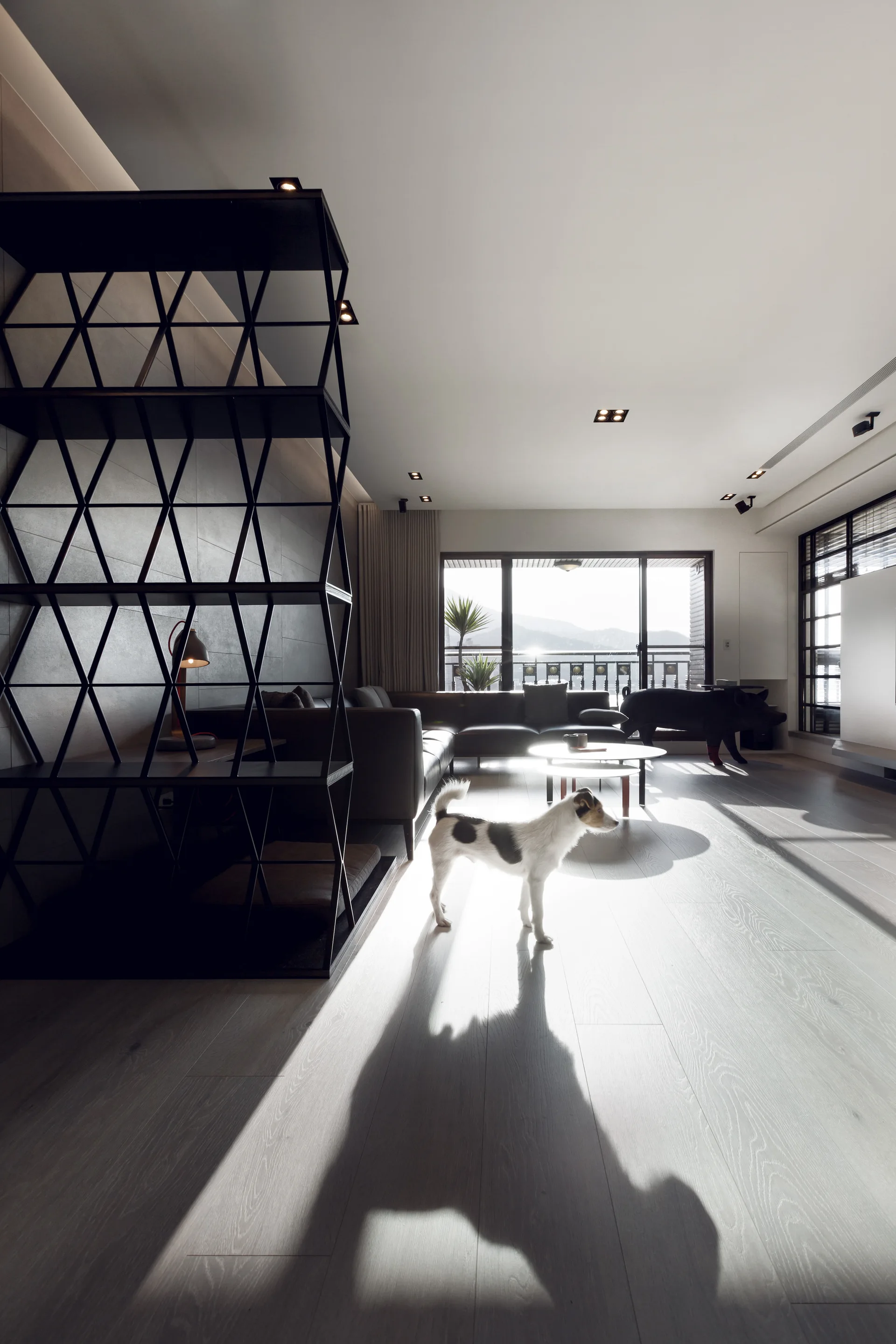 A modern living room features a black geometric metal shelving unit, a dark sectional sofa, wood-toned flooring, and large glass balcony doors.