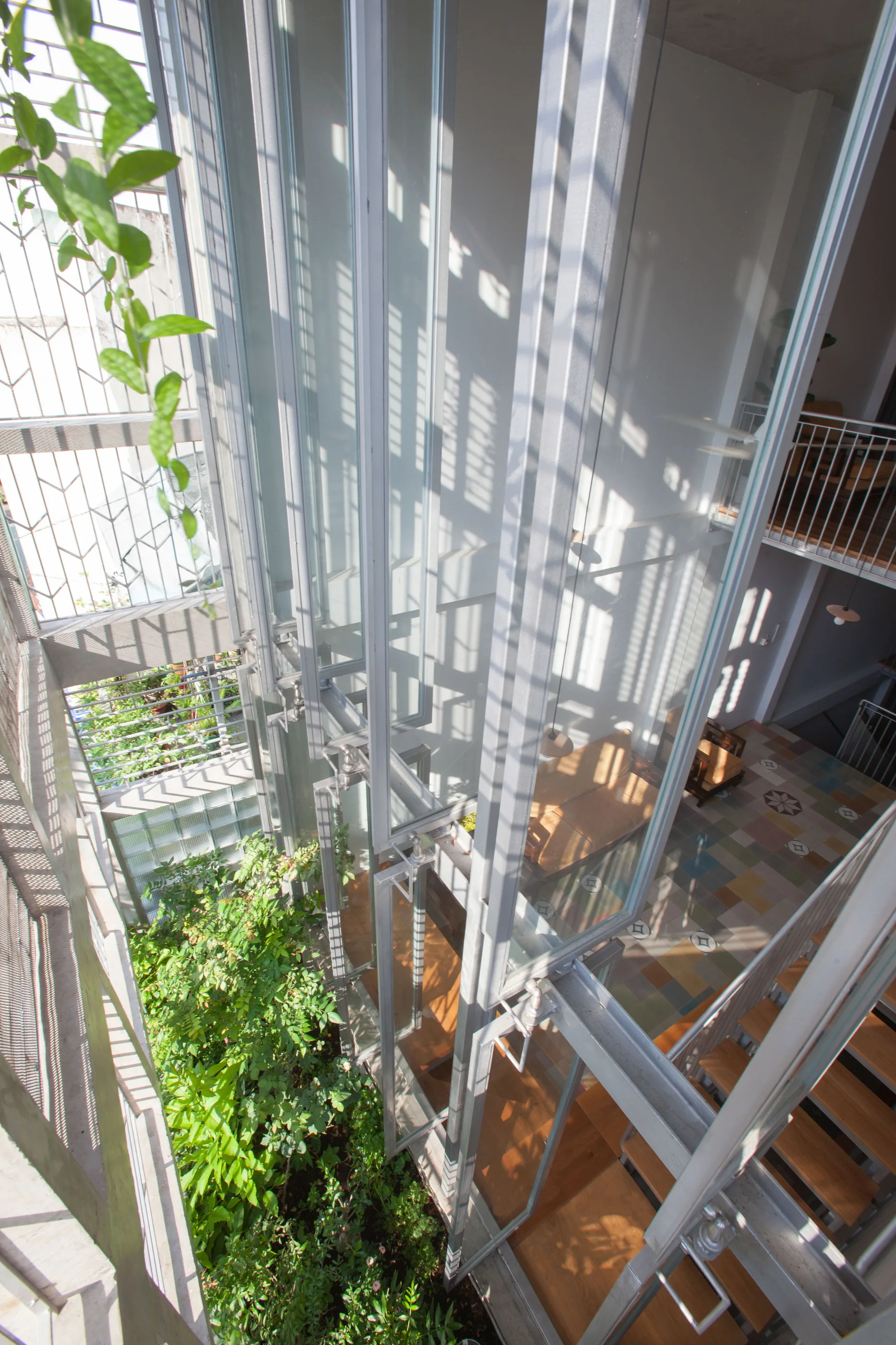 Looking down a multi-level modern staircase with wooden treads, metal railings, tall glass panels, and a lush green indoor garden at the base.
