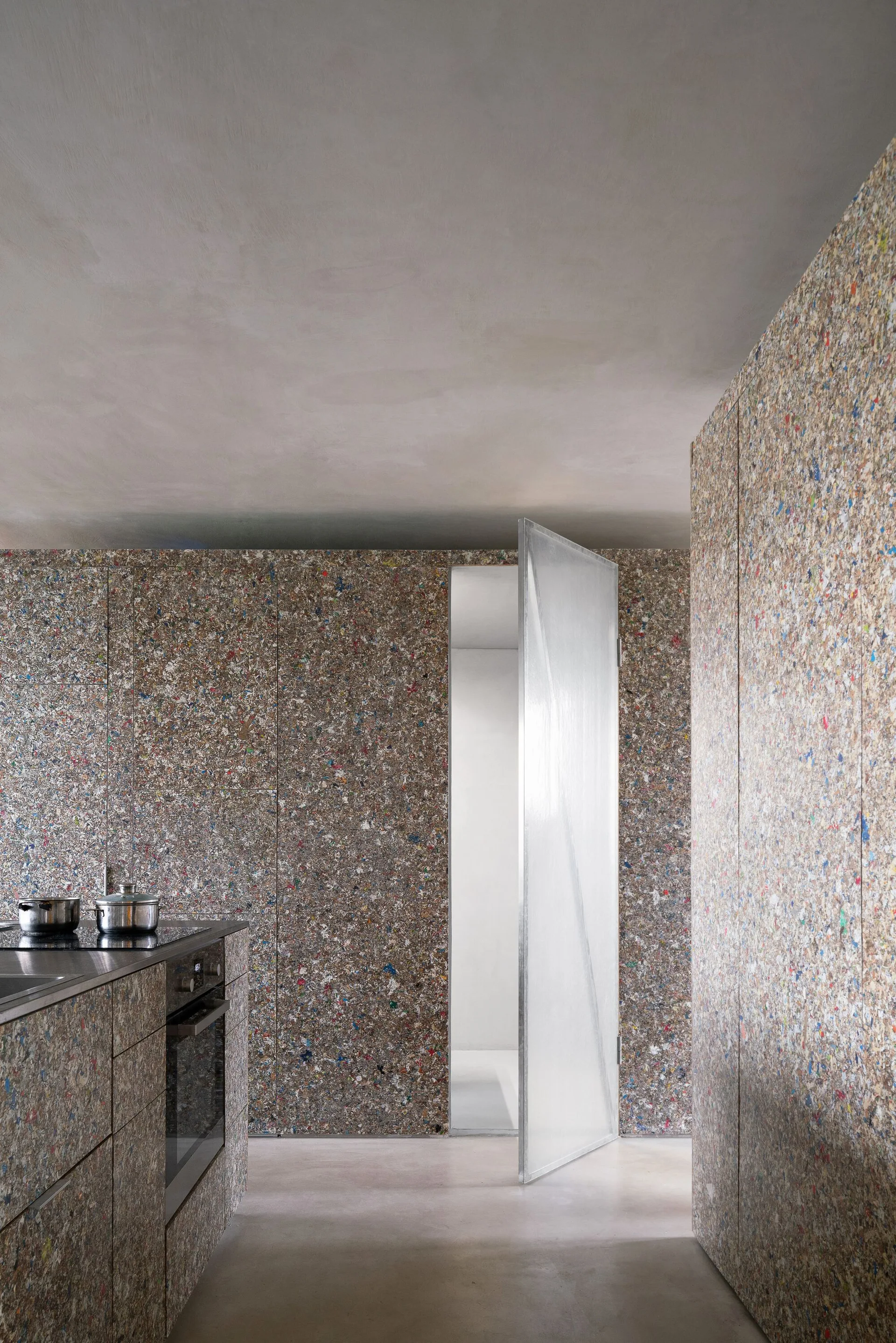 A modern kitchen featuring walls and cabinetry clad in a multicolored speckled composite material, a concrete floor, and a translucent glass door.