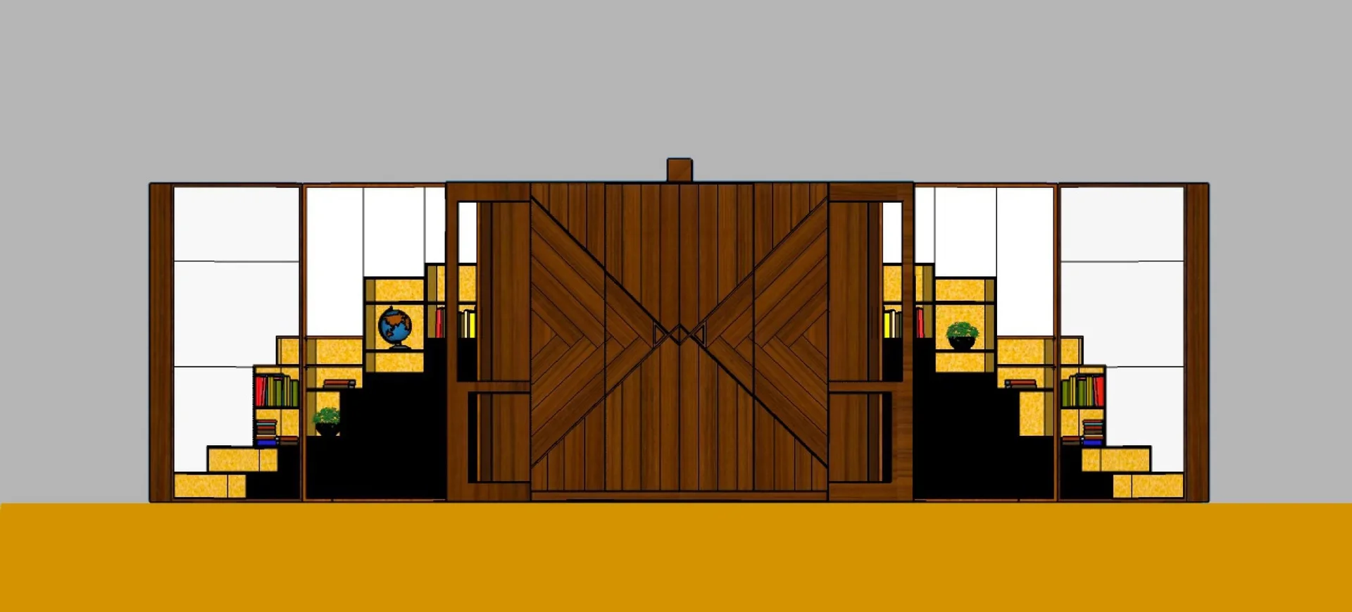 An architectural elevation rendering shows a symmetrical wooden wall unit with geometric chevron center doors flanked by stepped yellow bookshelves.