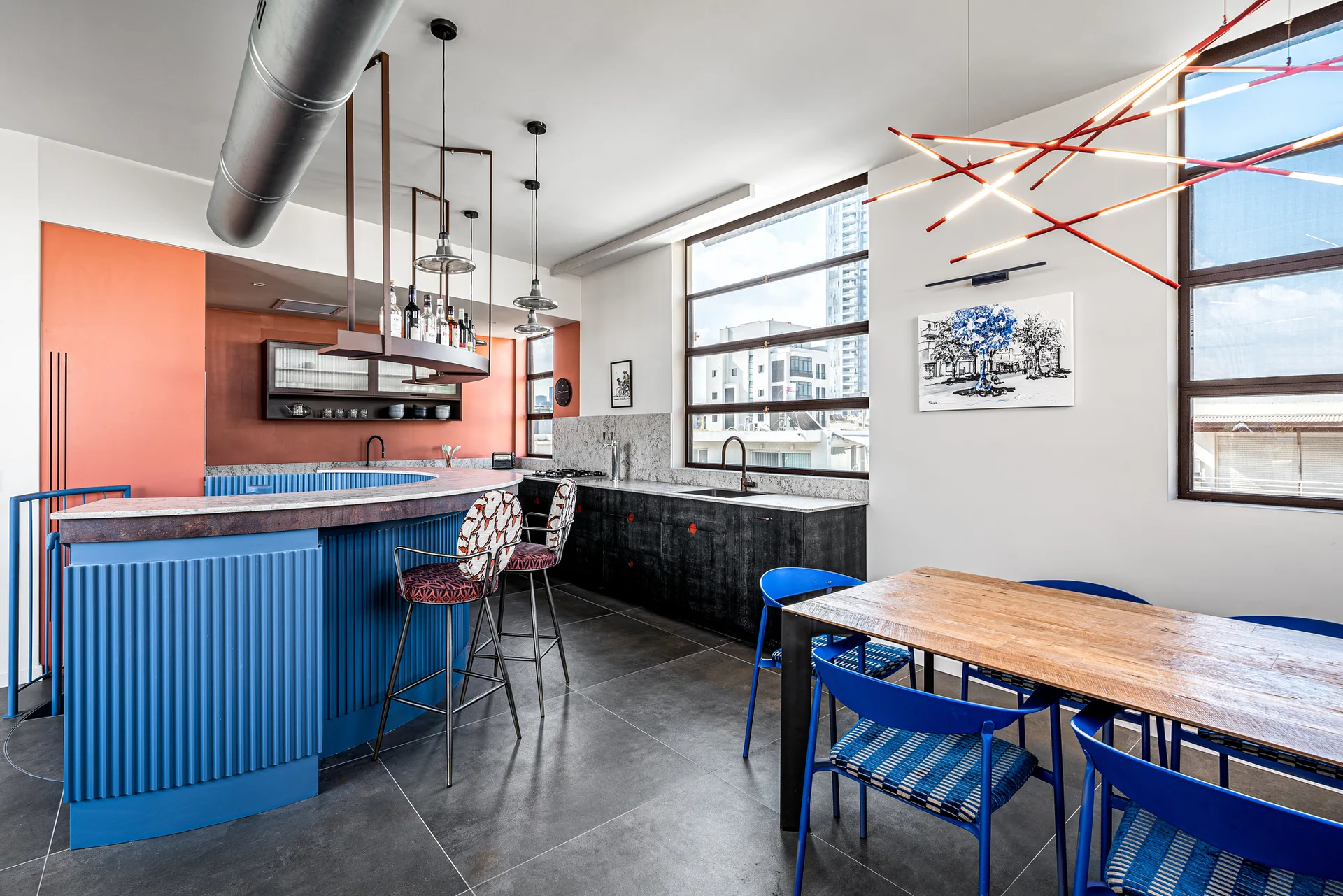 Apartment in Tel Aviv, Michal Shilgi Architecture + Rebecca Citrin Interior Design, Interior, Kitchen, Table, Windows, Shelving, Countertop, Chair