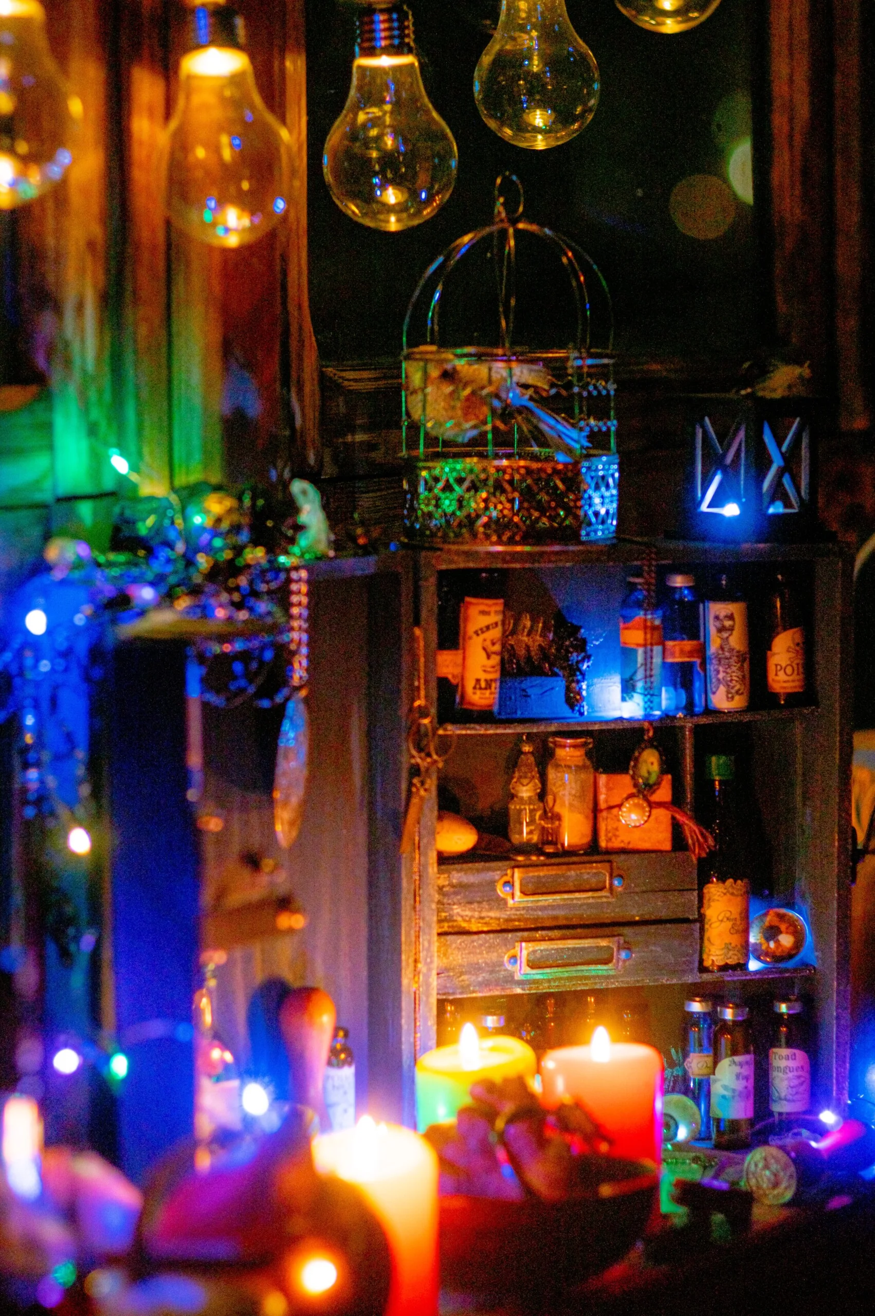 A dark wooden curio shelf displays apothecary bottles and small trinkets illuminated by warm pillar candles, hanging bulbs, and colorful string lights.