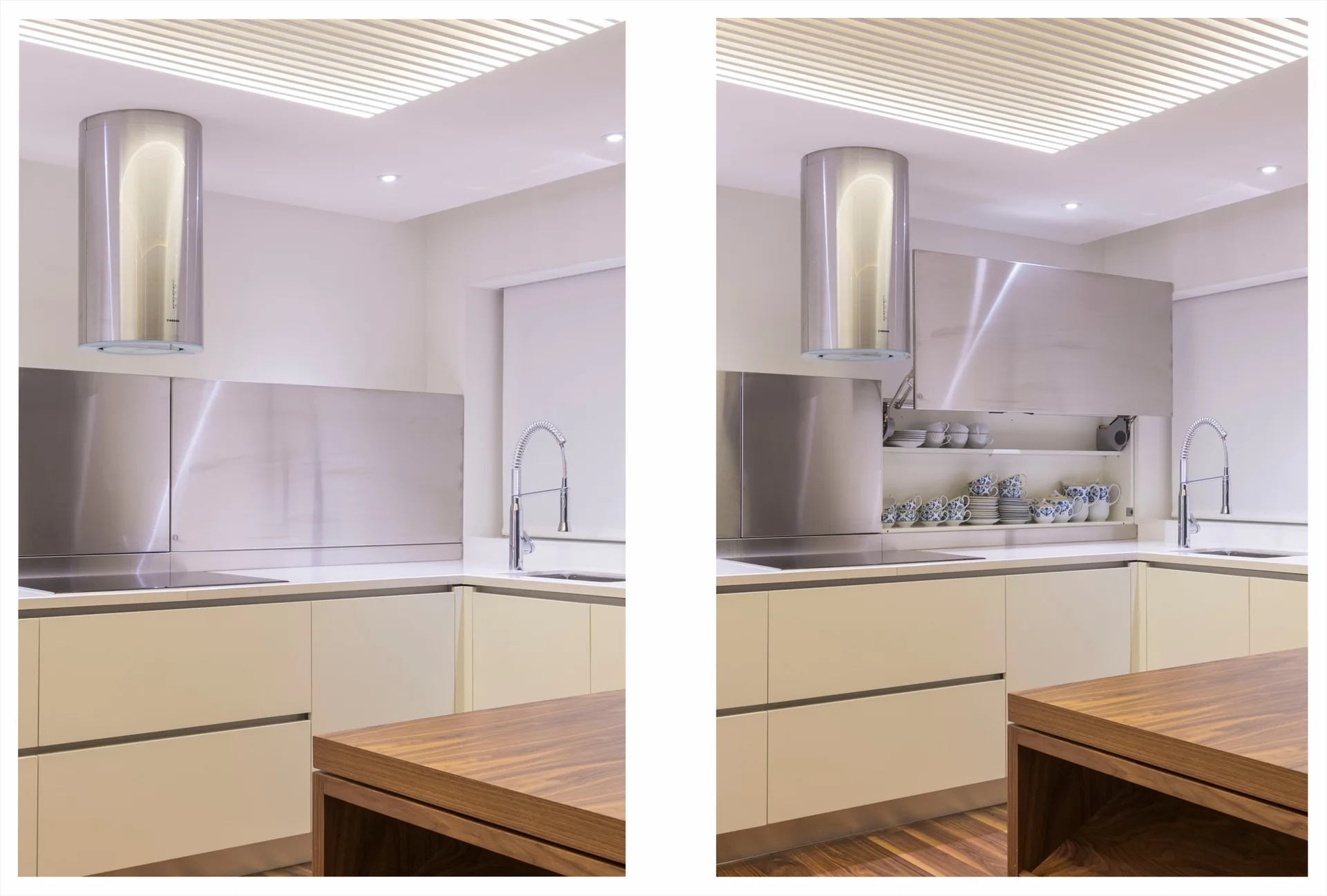Side-by-side photos of a modern kitchen showing a lift-up stainless steel backsplash compartment closed and open to reveal dish storage.