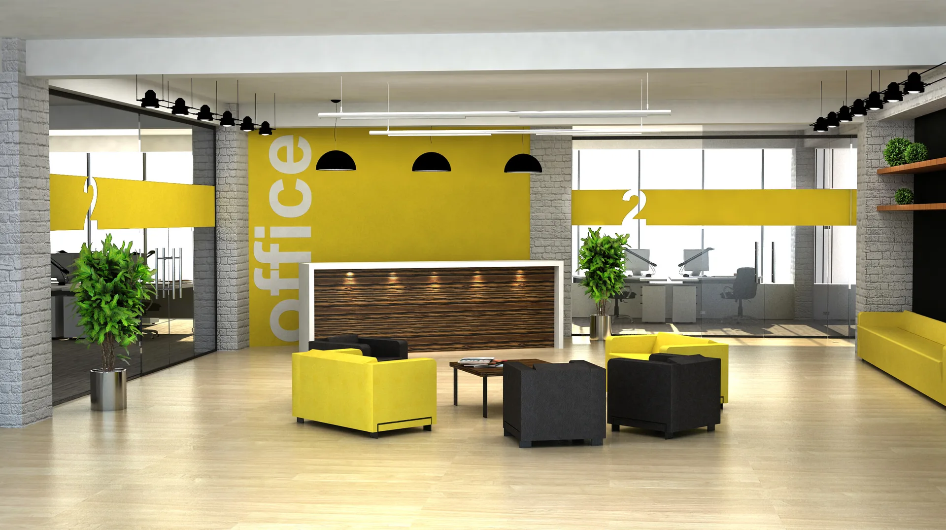 A modern office reception area featuring black and yellow armchairs, a wood-fronted desk, and glass partitions with yellow stripes.