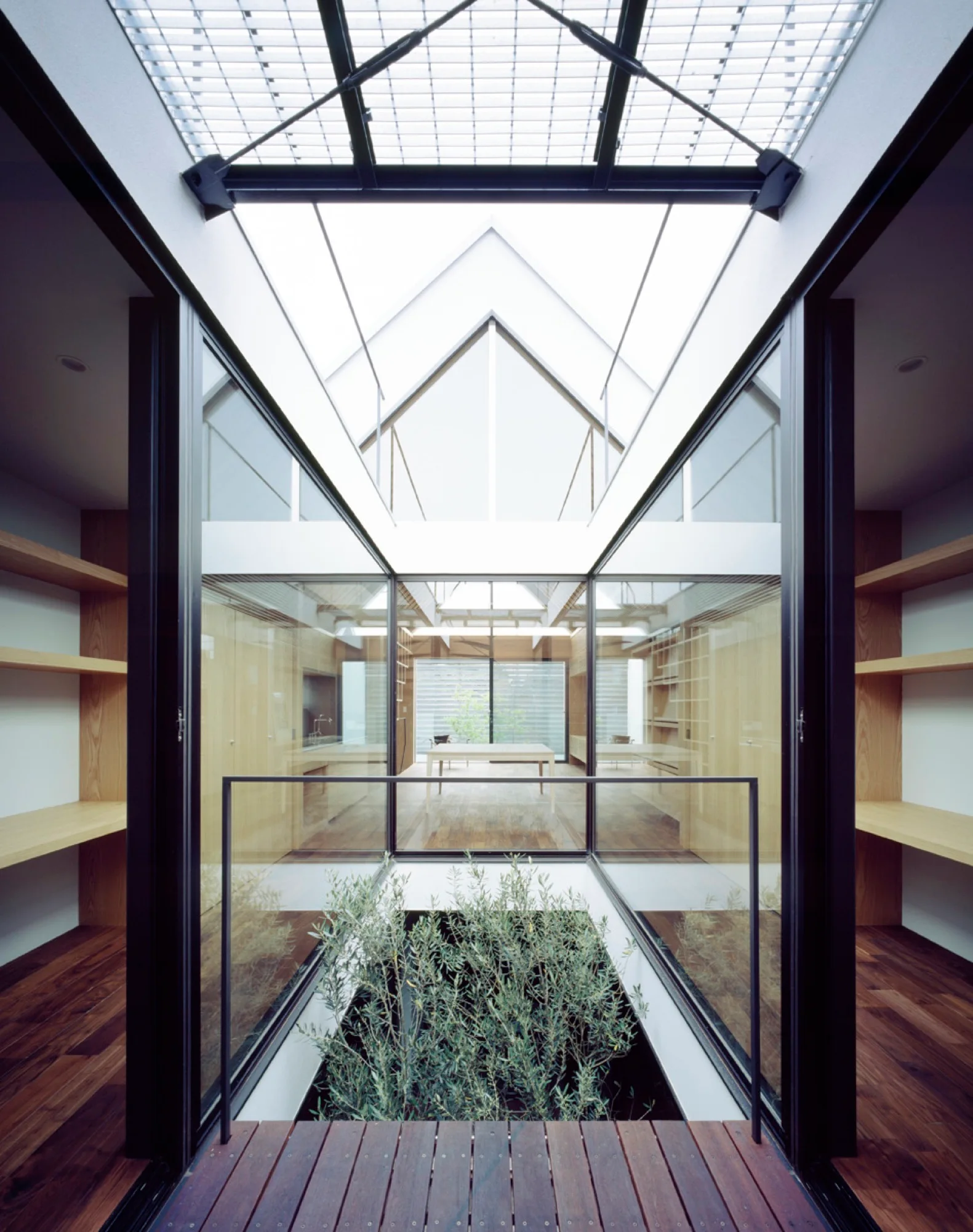 A modern residential corridor featuring a central glass-walled atrium with green plants, a large overhead grid skylight, and built-in wooden shelves.