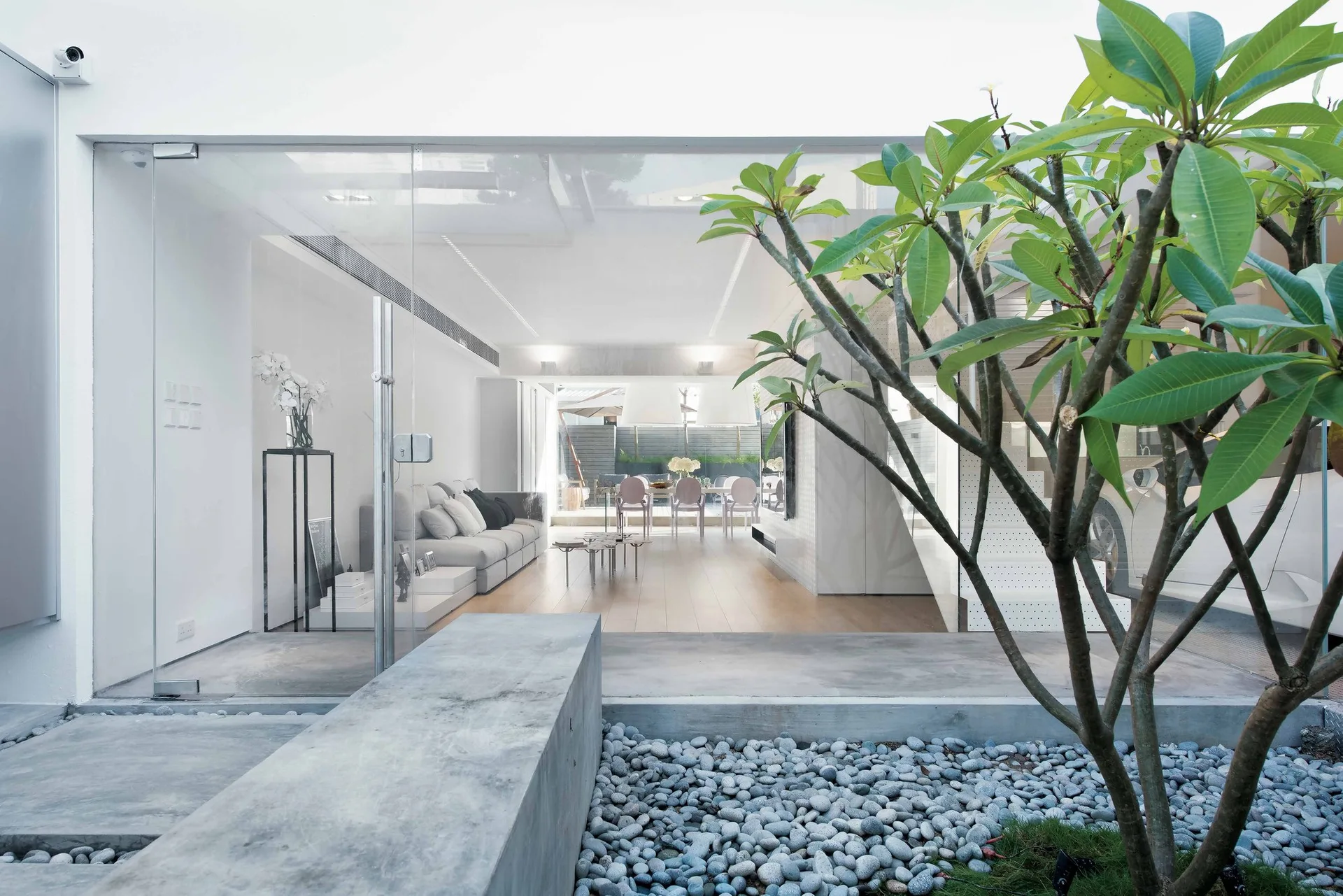 An open plan minimalist living area with a grey sofa is visible through a large glass wall next to an outdoor pebble garden with a small tree.