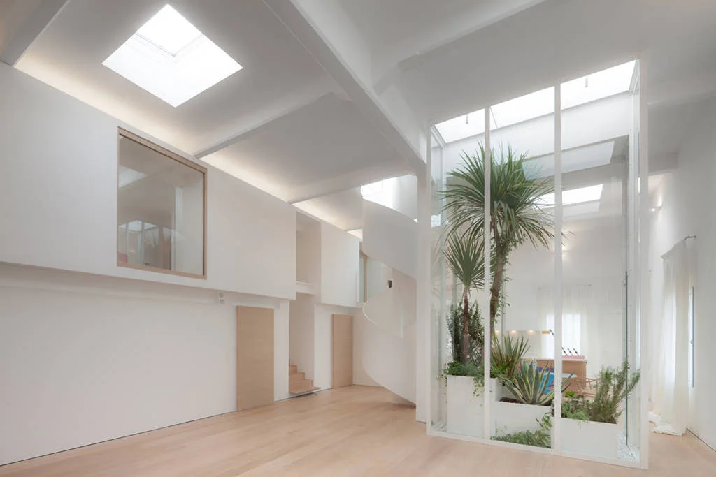 A spacious white minimalist interior features light wood floors, a central glass-enclosed garden with tropical plants, a spiral staircase, and skylights.