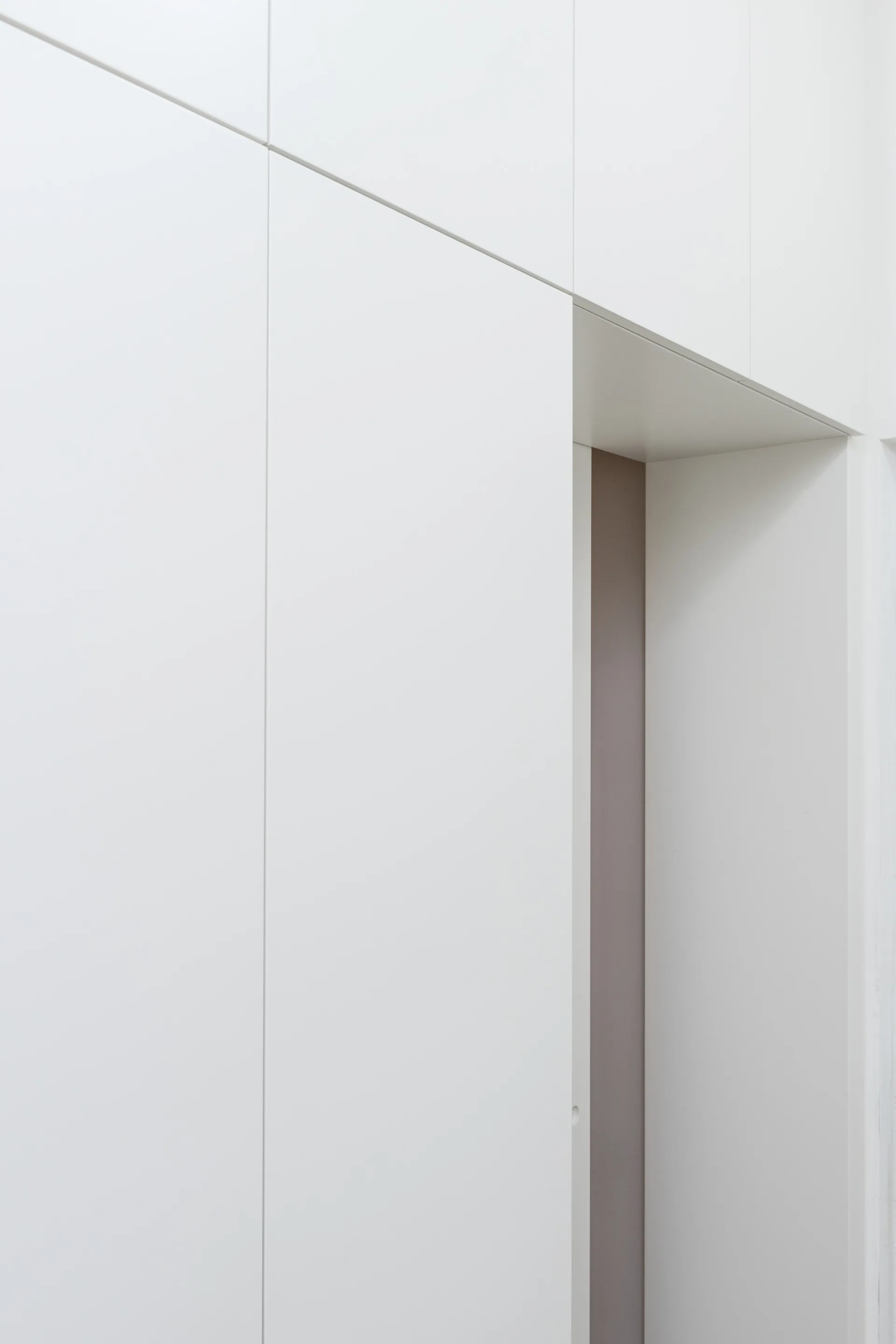 A minimalist matte white built-in storage wall with seamless panels framing a recessed doorway with a taupe interior.