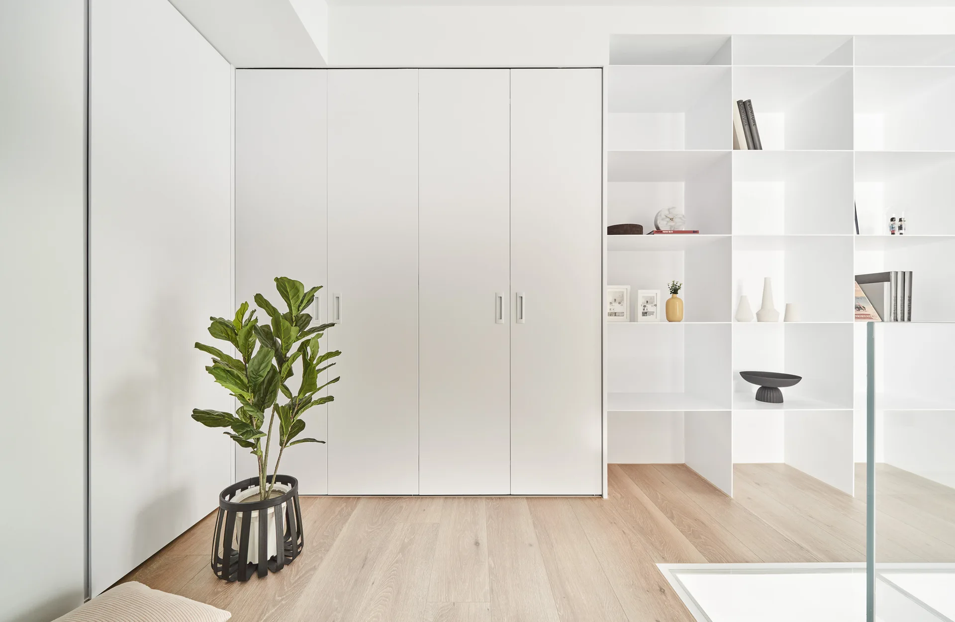 A wall of minimalist white flush-mount cabinets sits next to integrated grid shelving on light wood flooring with a potted fiddle-leaf fig.