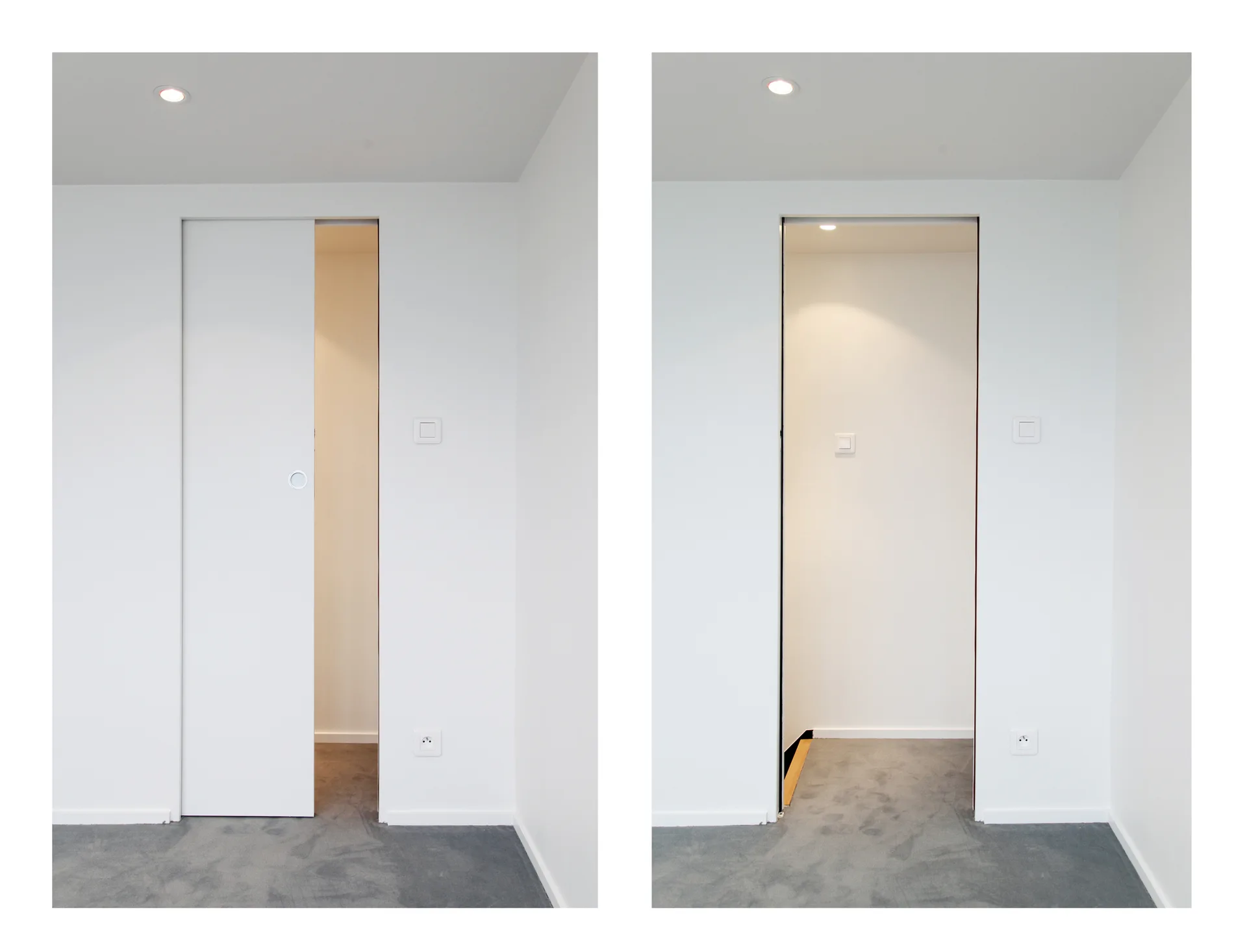 A split-view showing a minimalist white sliding pocket door in partially open and fully open positions against white walls and gray carpet.