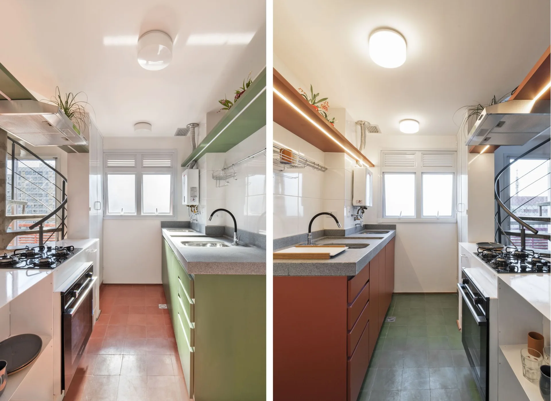 A split-view photo comparing a narrow galley kitchen with sage green cabinets and terracotta tile floors to a version with swapped colors.