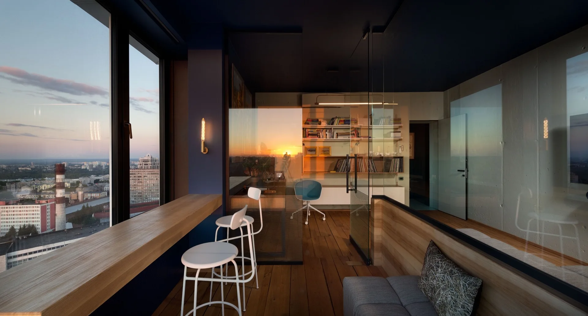 A high-rise home office features a wooden window counter with white bar stools, glass partition walls, and a deep blue painted ceiling.