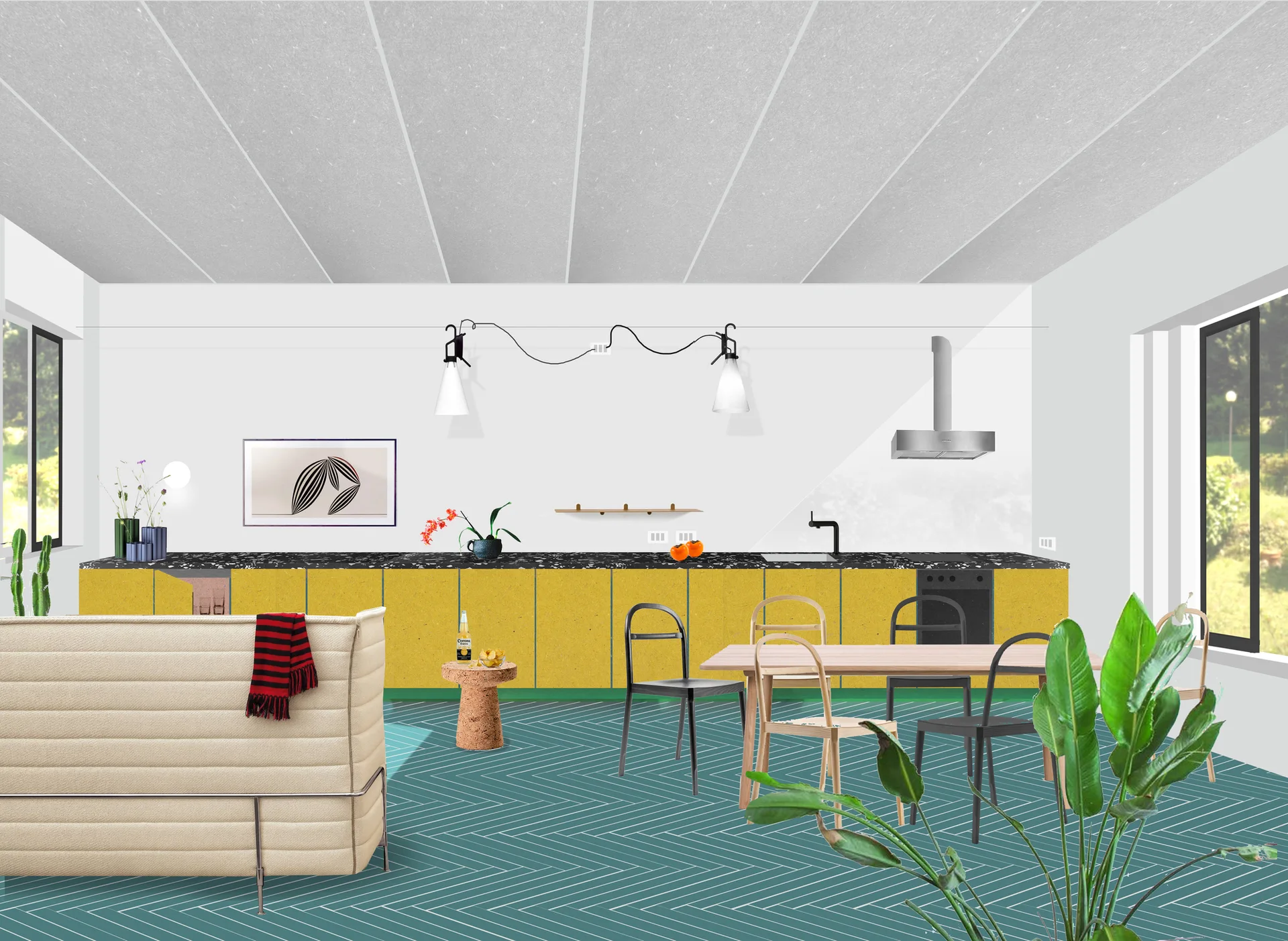 A modern open kitchen and dining area featuring a long row of yellow cabinets, a teal herringbone floor, a wood dining table, and a beige sofa.