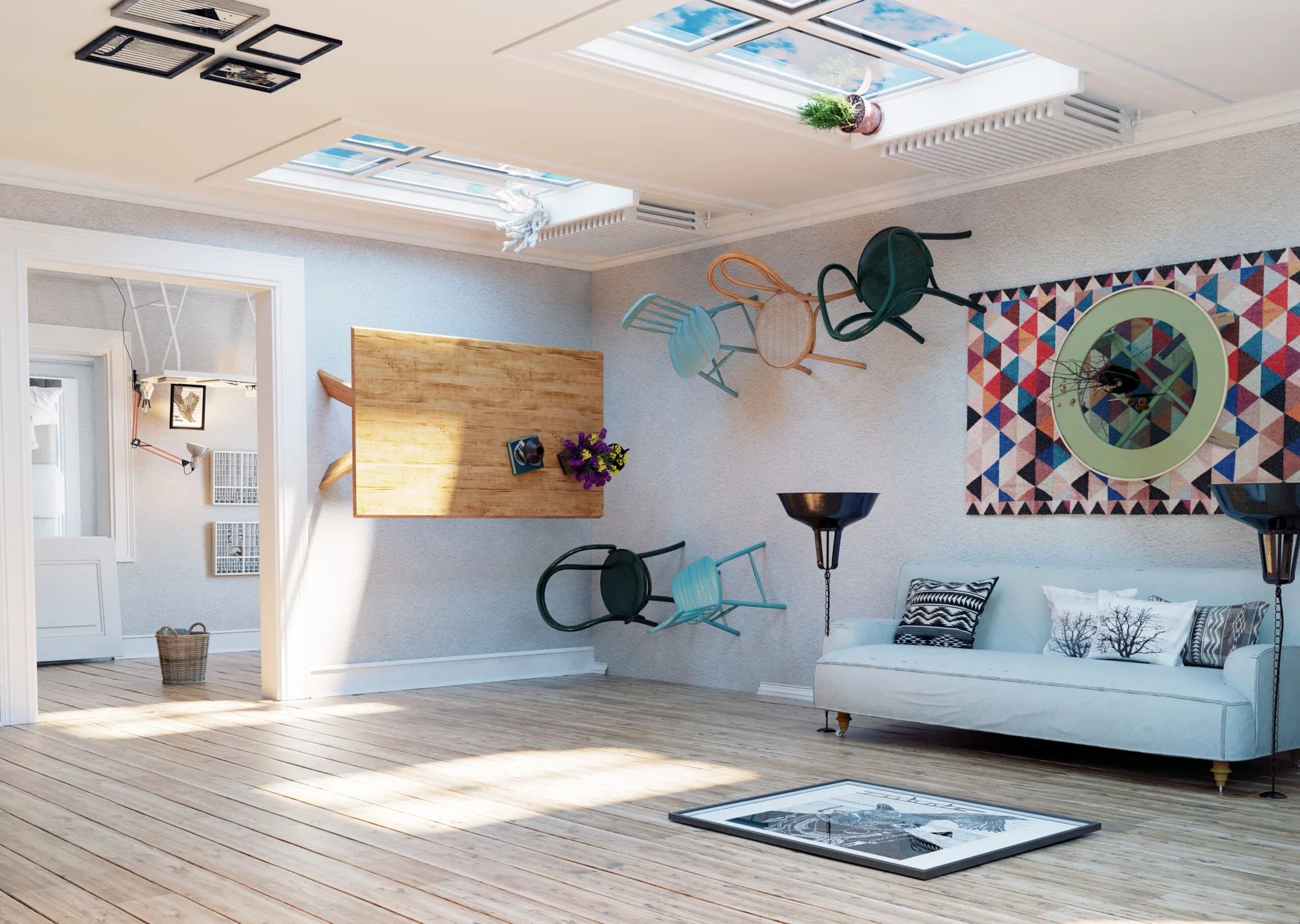 A surreal living room features a light blue sofa on wood floors with chairs and a table mounted sideways on the wall under skylights.