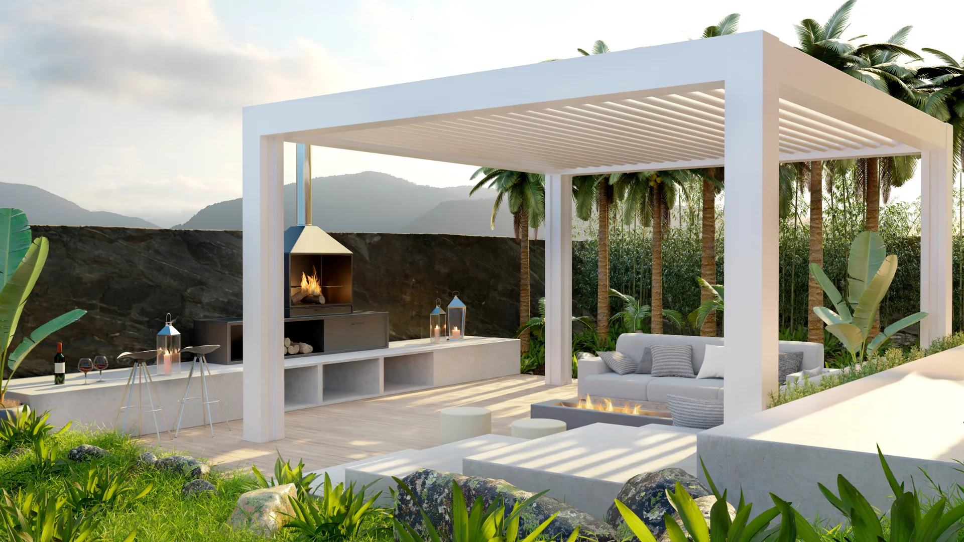 A modern outdoor patio features a white slatted pergola over a grey sofa, alongside a concrete built-in counter with an integrated black fireplace.