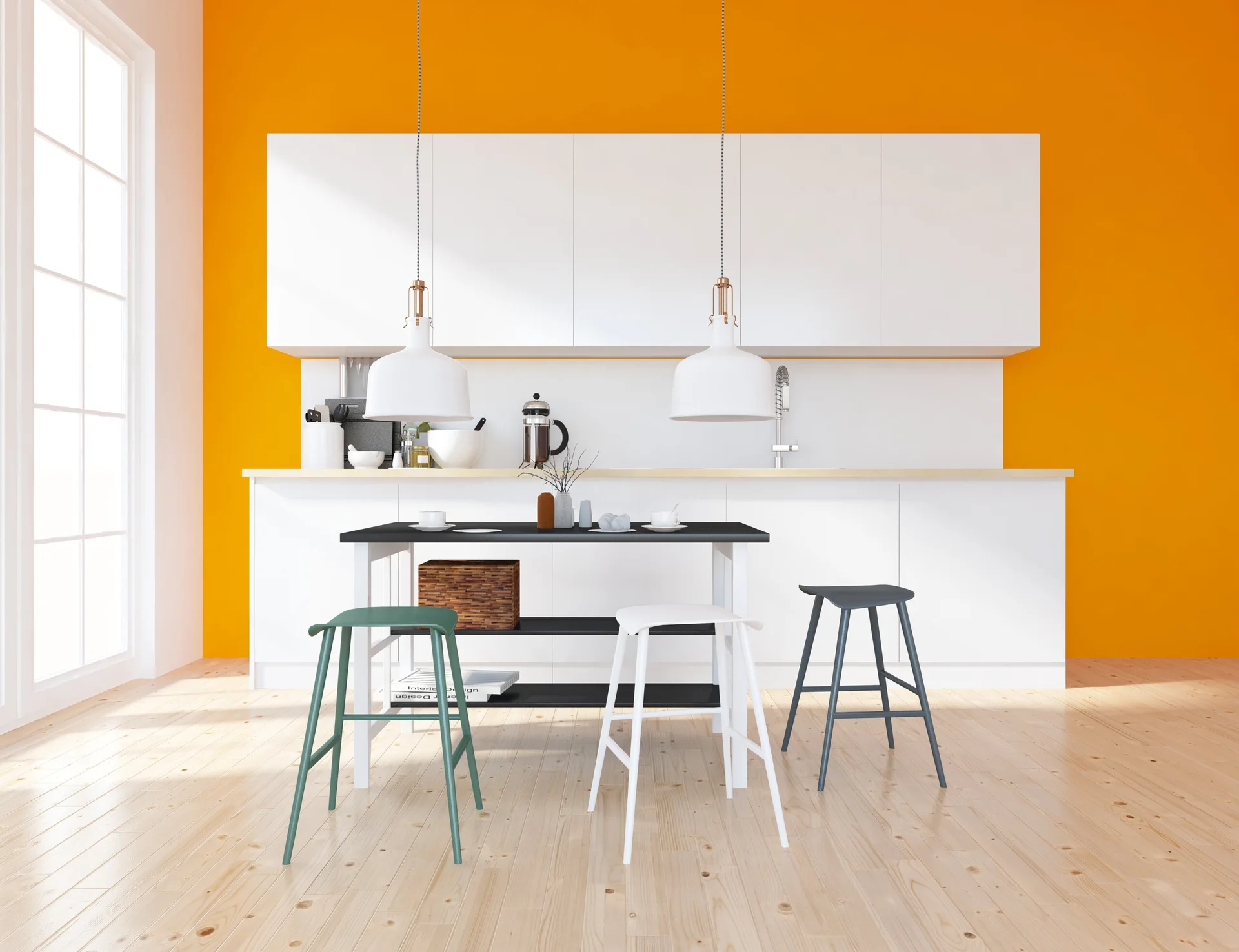 A modern kitchen features a black table with colorful stools set against a bright orange accent wall and flat-front white cabinets.