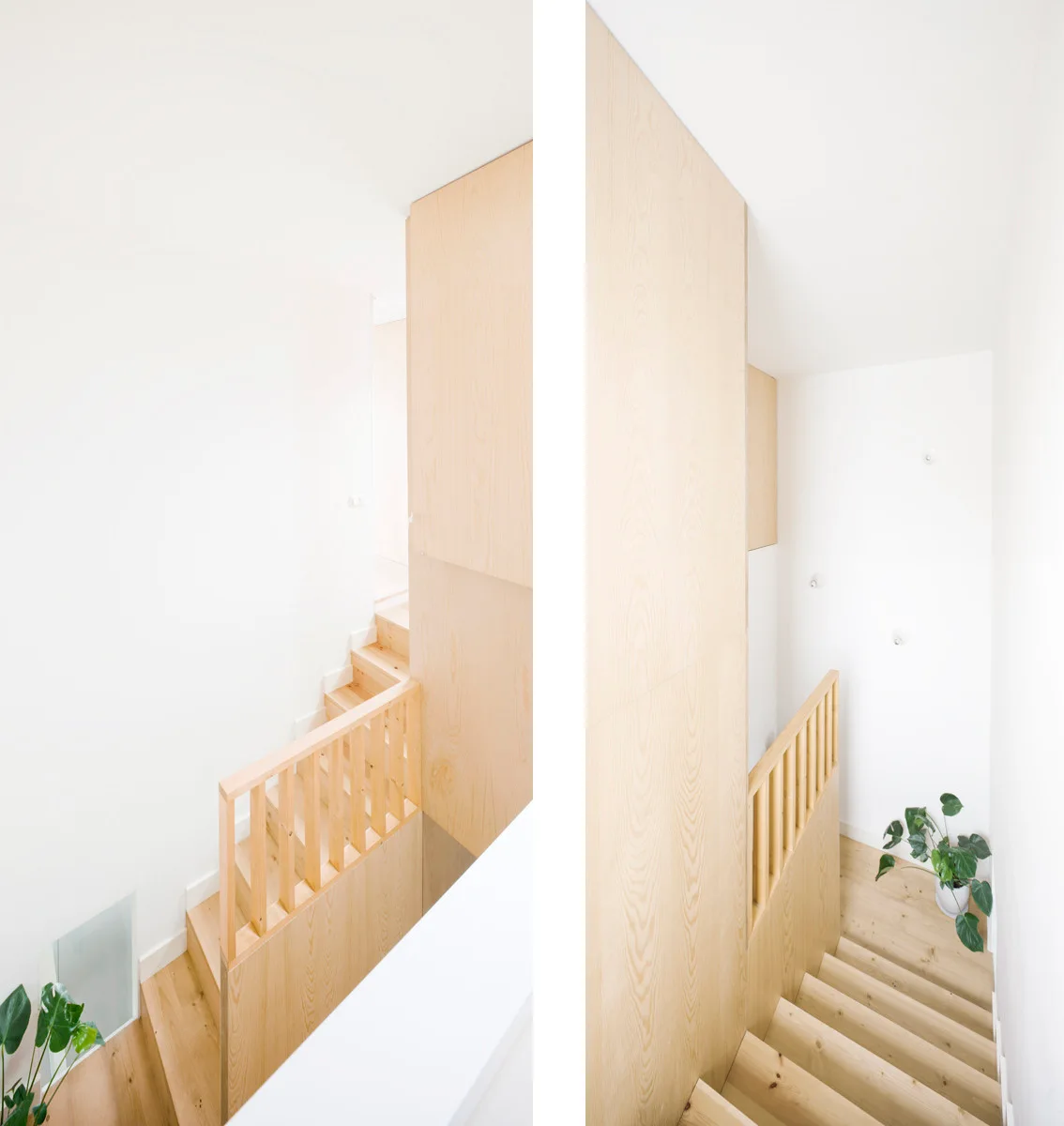 A split-view image of a minimalist light wood staircase featuring matching vertical balusters, tall timber wall paneling, and white walls.