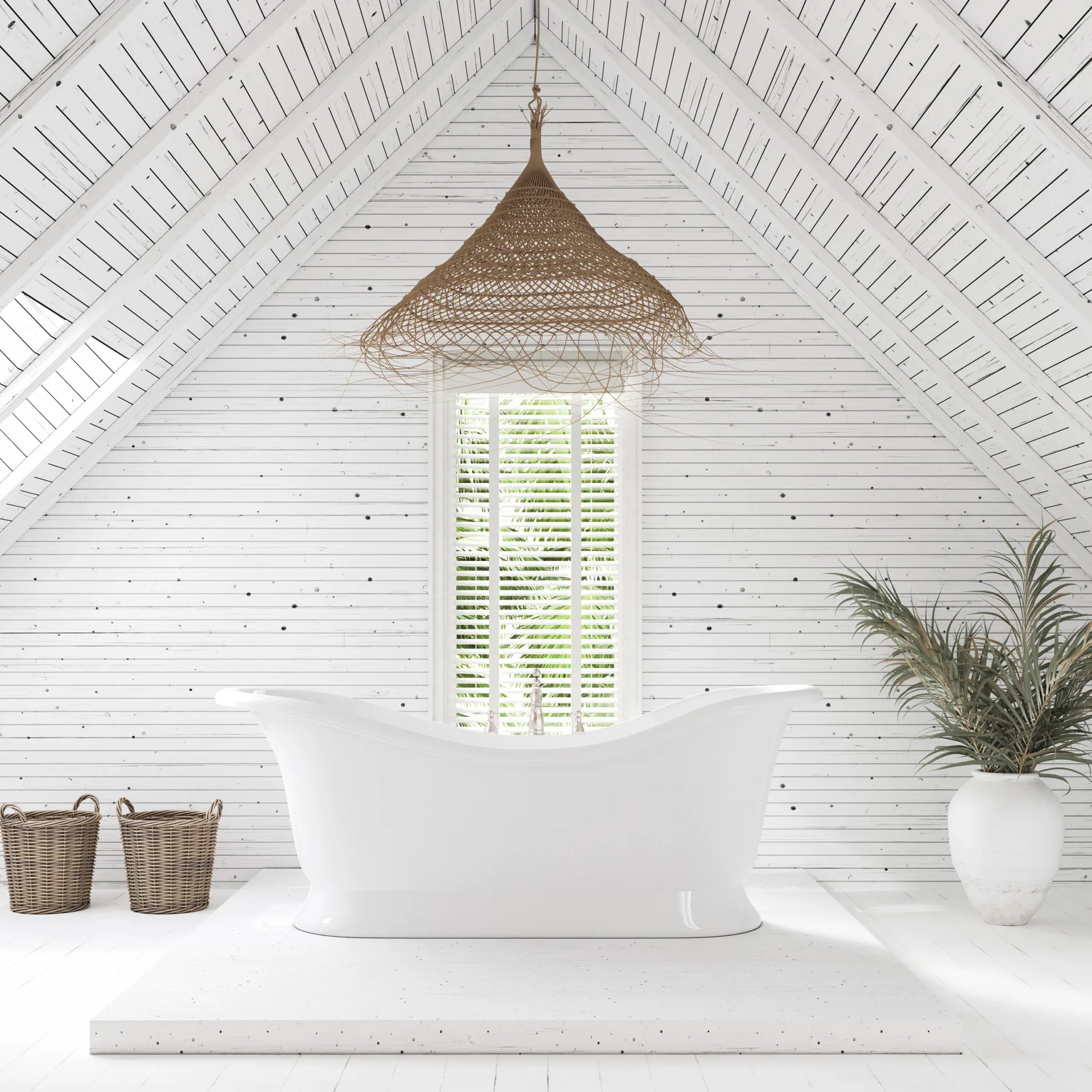 A white freestanding bathtub sits on a raised platform beneath a sloped, wood-paneled ceiling and a large woven pendant light.