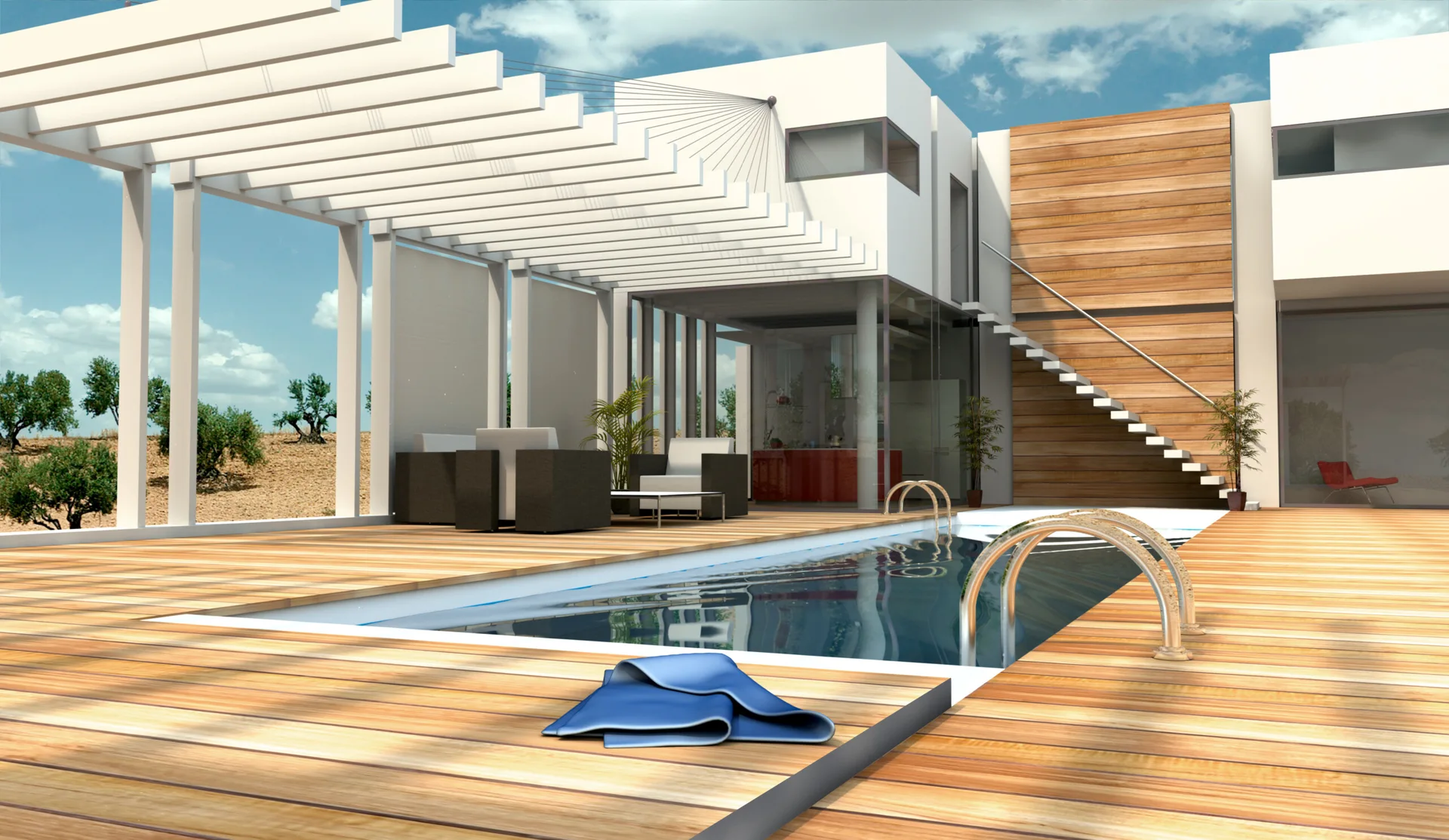 A modern swimming pool surrounded by a light wood deck, featuring an overhead white slatted pergola, dark patio furniture, and floating stairs.