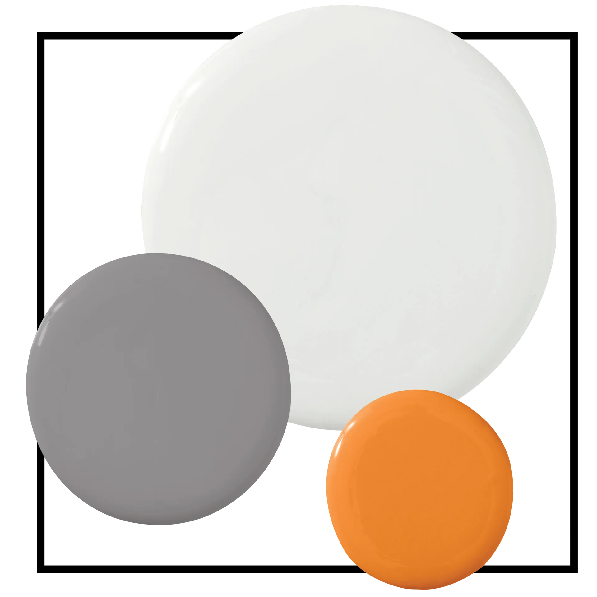 Three overlapping glossy circular paint swatches in white, grey, and orange are displayed inside a thin black square frame.