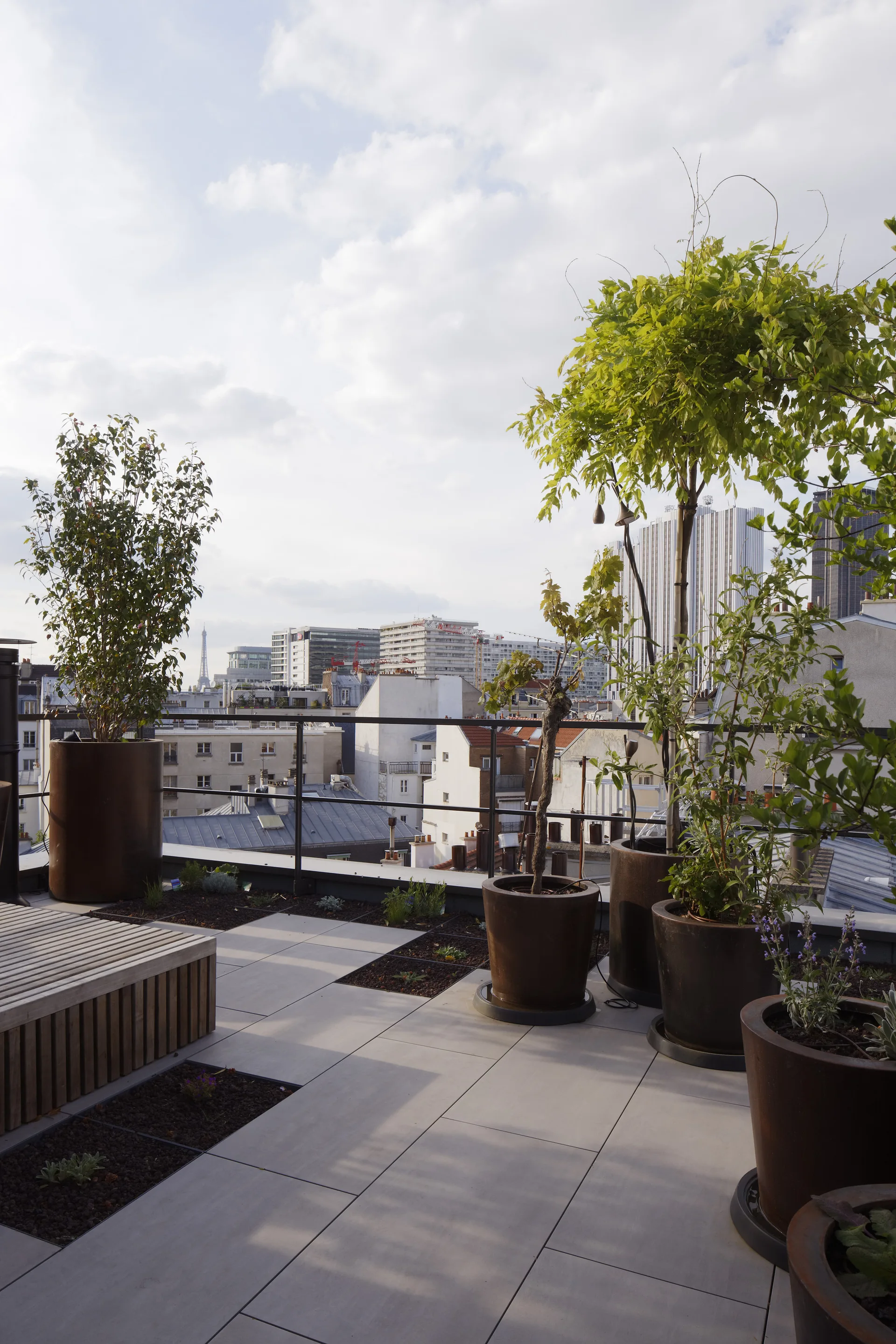 Large dark planters with small trees stand on a grey tiled rooftop terrace next to a slatted wood bench, overlooking a city skyline.