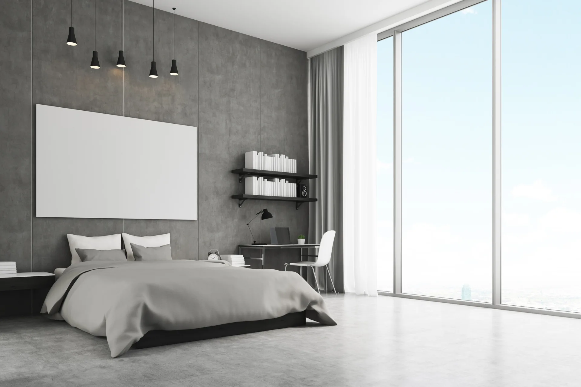 A minimalist bedroom features grey bedding, concrete wall panels, a slim desk with white chair, and floor-to-ceiling windows.