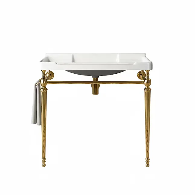 White Ceramic Console Sink with Gold Legs