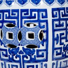 Blue and White Geometric Garden Stool