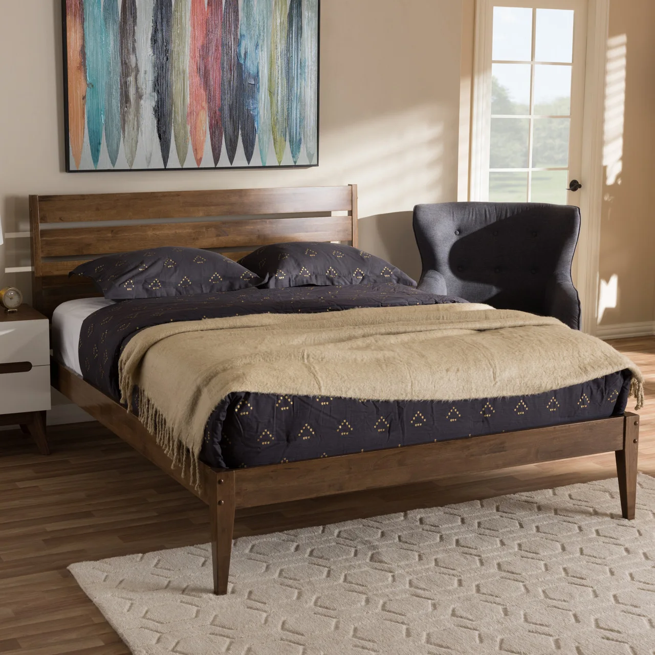 Elmdon Mid-Century Modern Walnut Wood Platform Bed