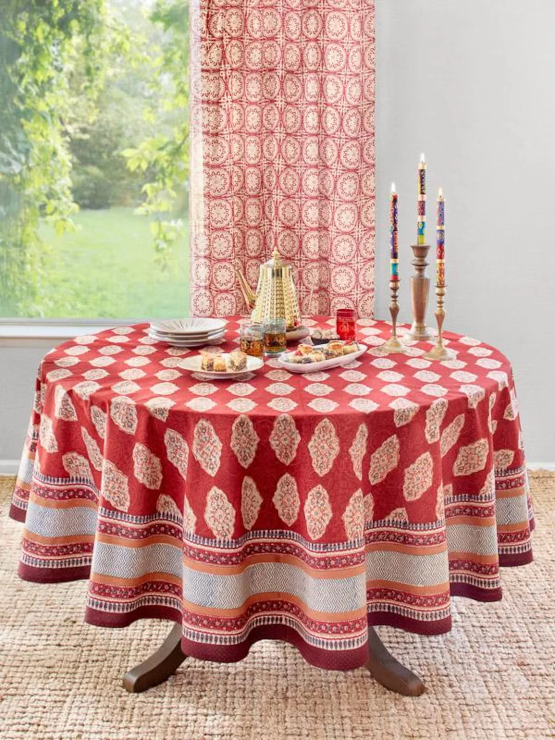 Round Red Cotton Geometric Tablecloth