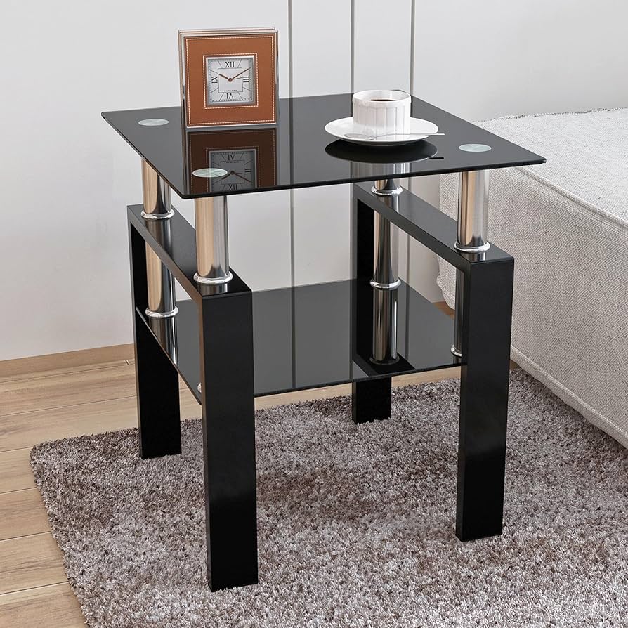 Modern Square Black Glass Nightstand