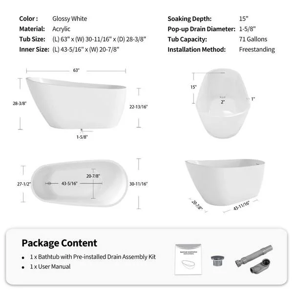 Glossy White Acrylic Freestanding Bathtub