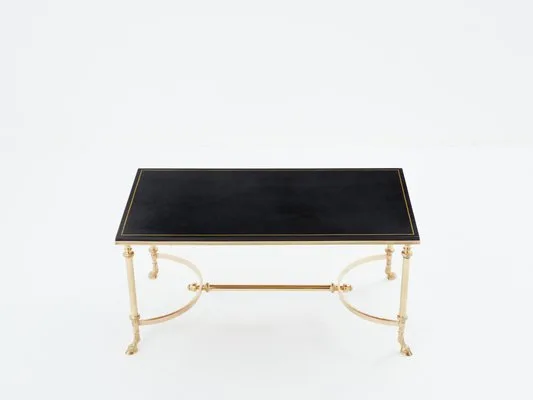 Neoclassical Coffee Table in Brass & Black Leather from Maison Charles, 1970s for sale
