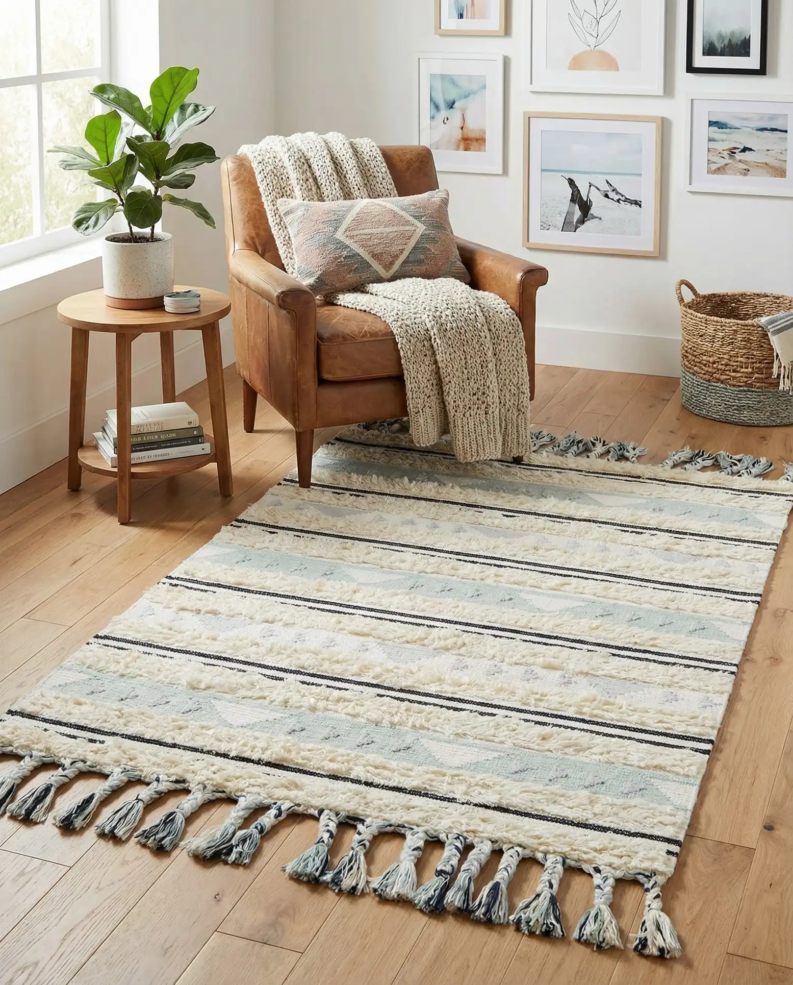 Cream and Black Woven Wool Area Rug