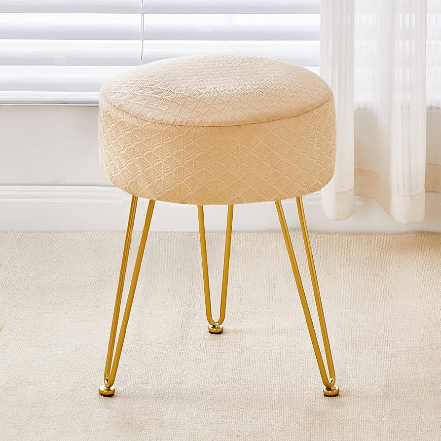 Beige Round Upholstered Ottoman