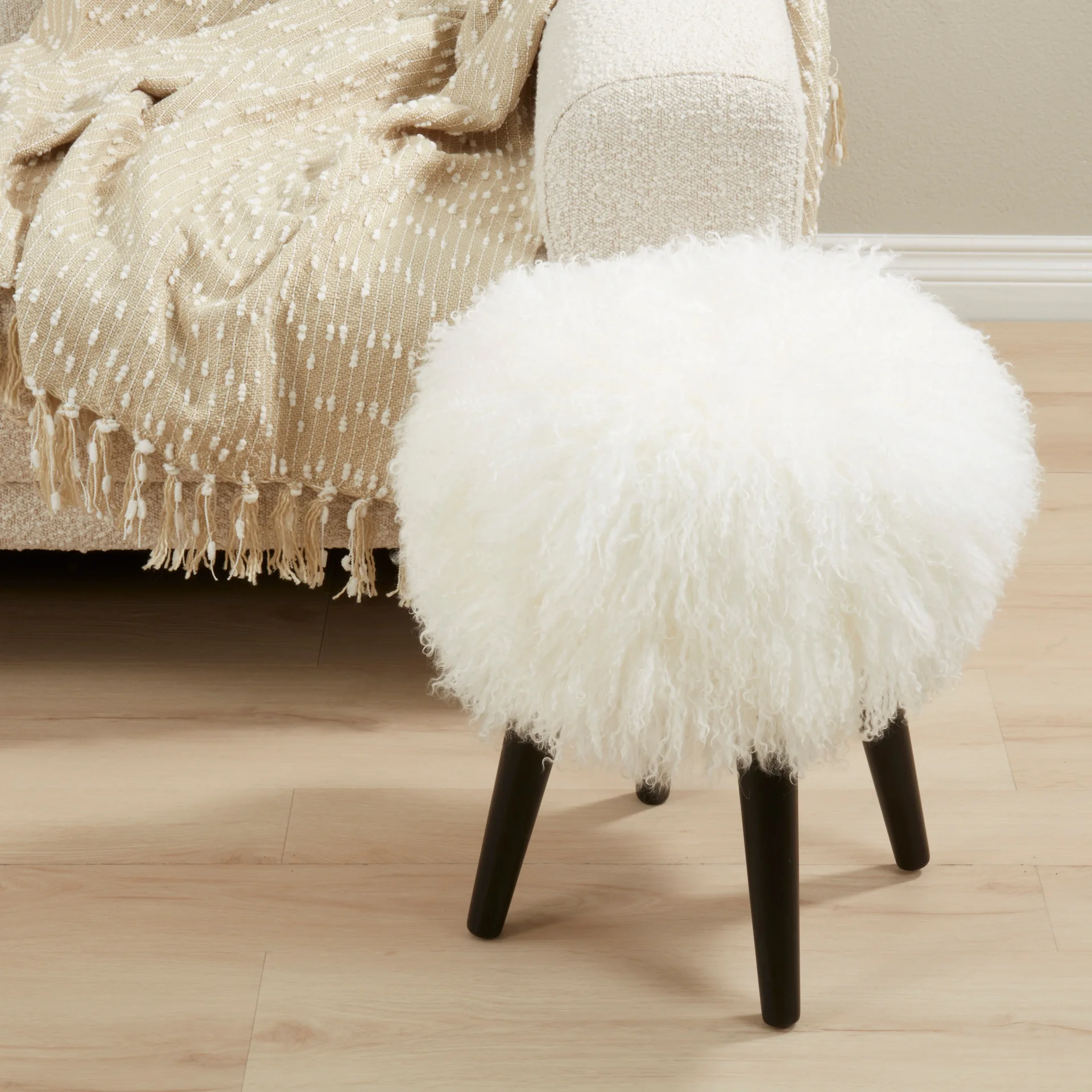 Round White Sheepskin Stool