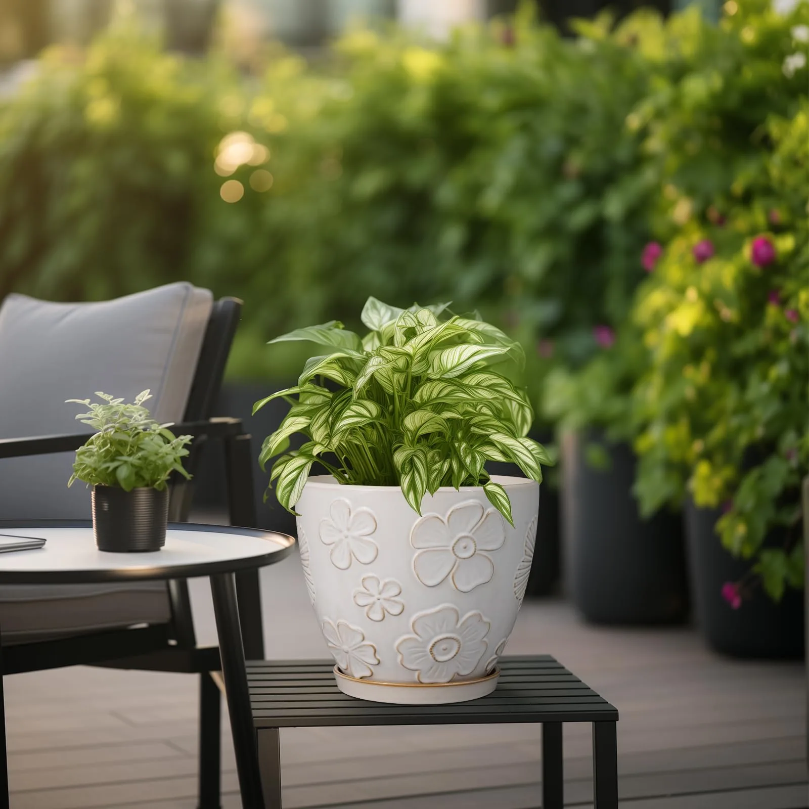 White Floral Ceramic Potted Plant