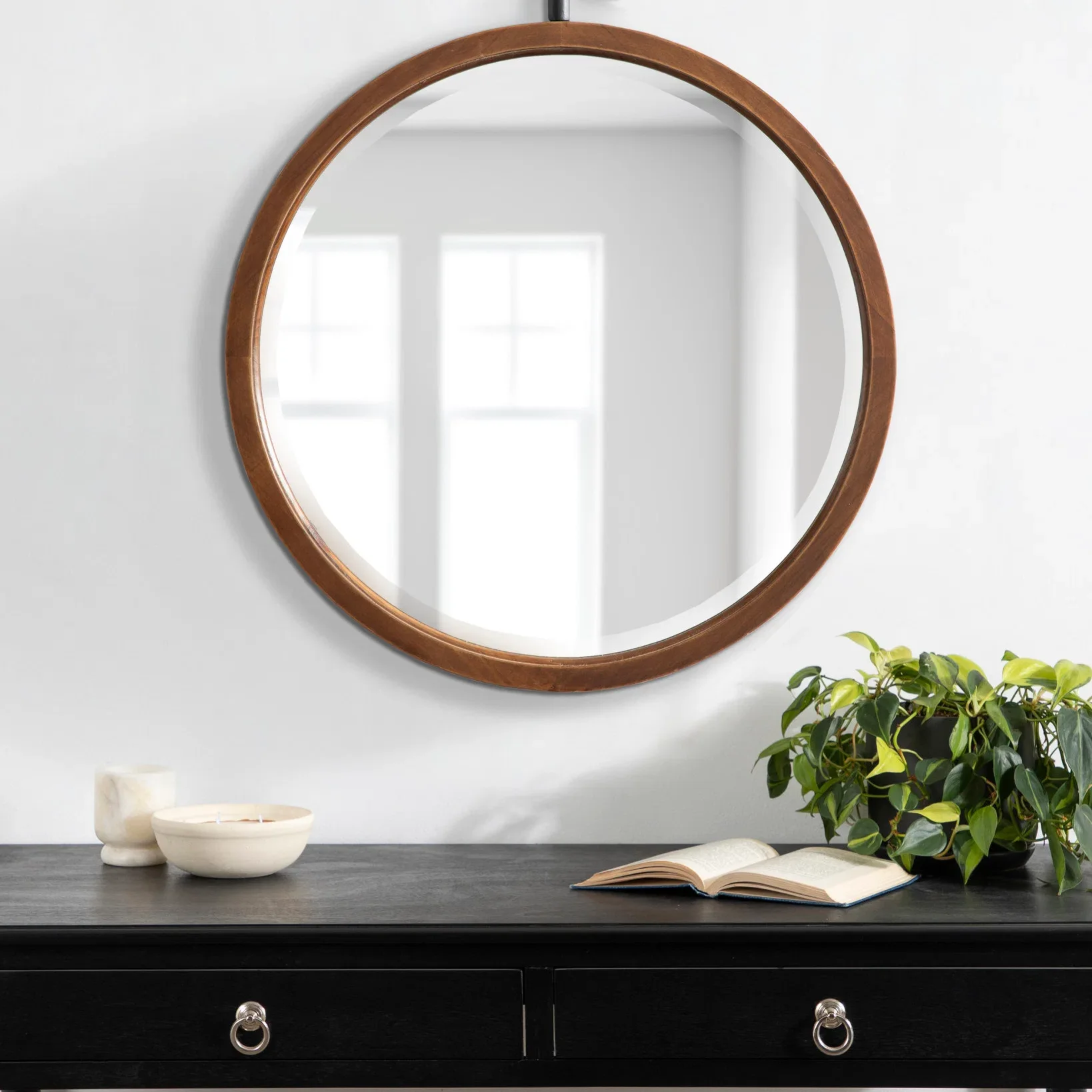Hogan Round Walnut Wood Wall Mirror