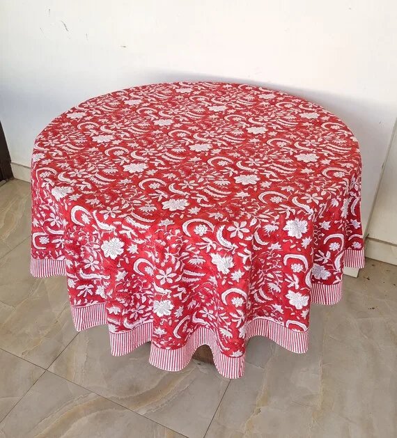 Red Floral Round Cotton Tablecloth