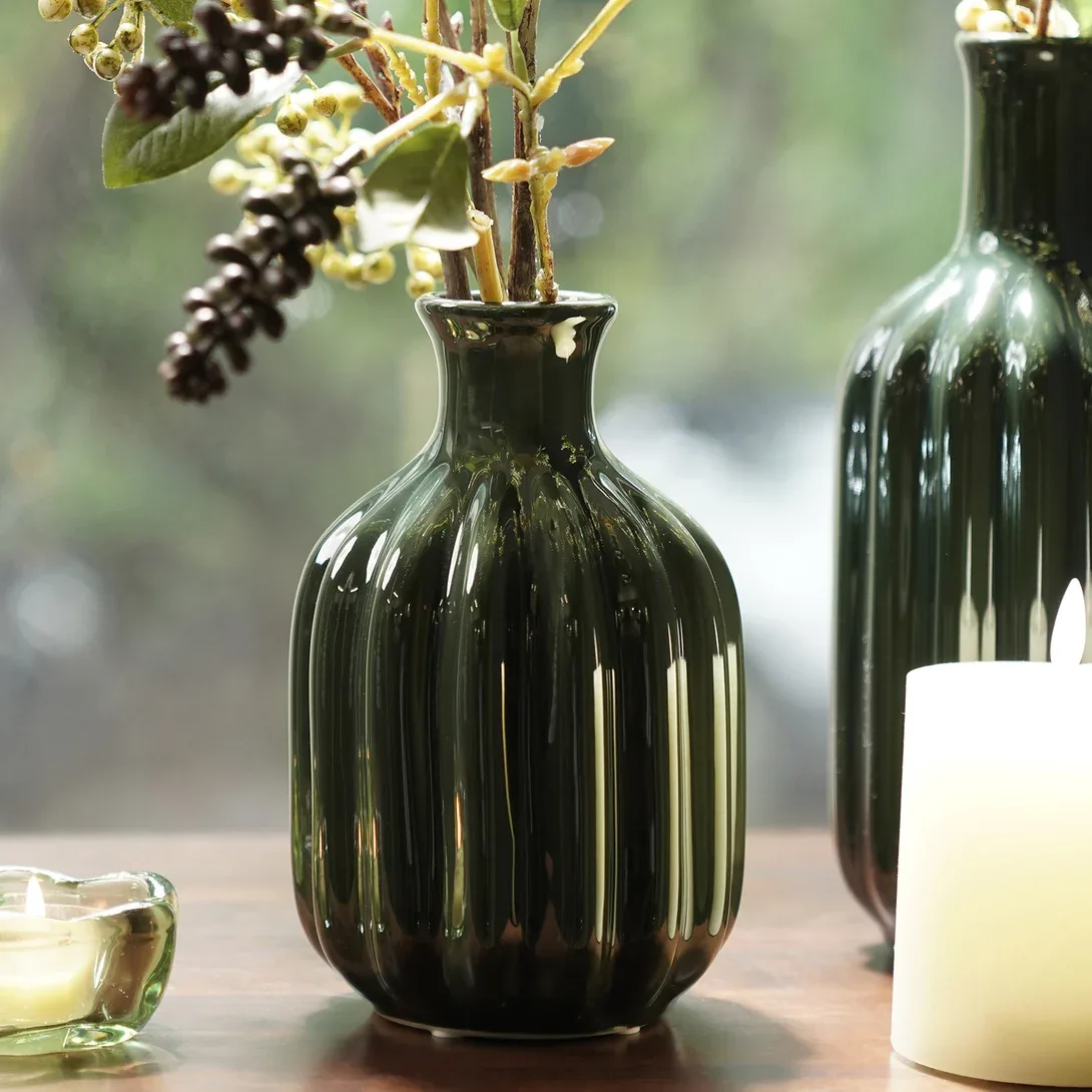 Dark Green Ribbed Ceramic Vase