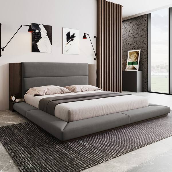 Minimalist Gray Velvet Platform Bed