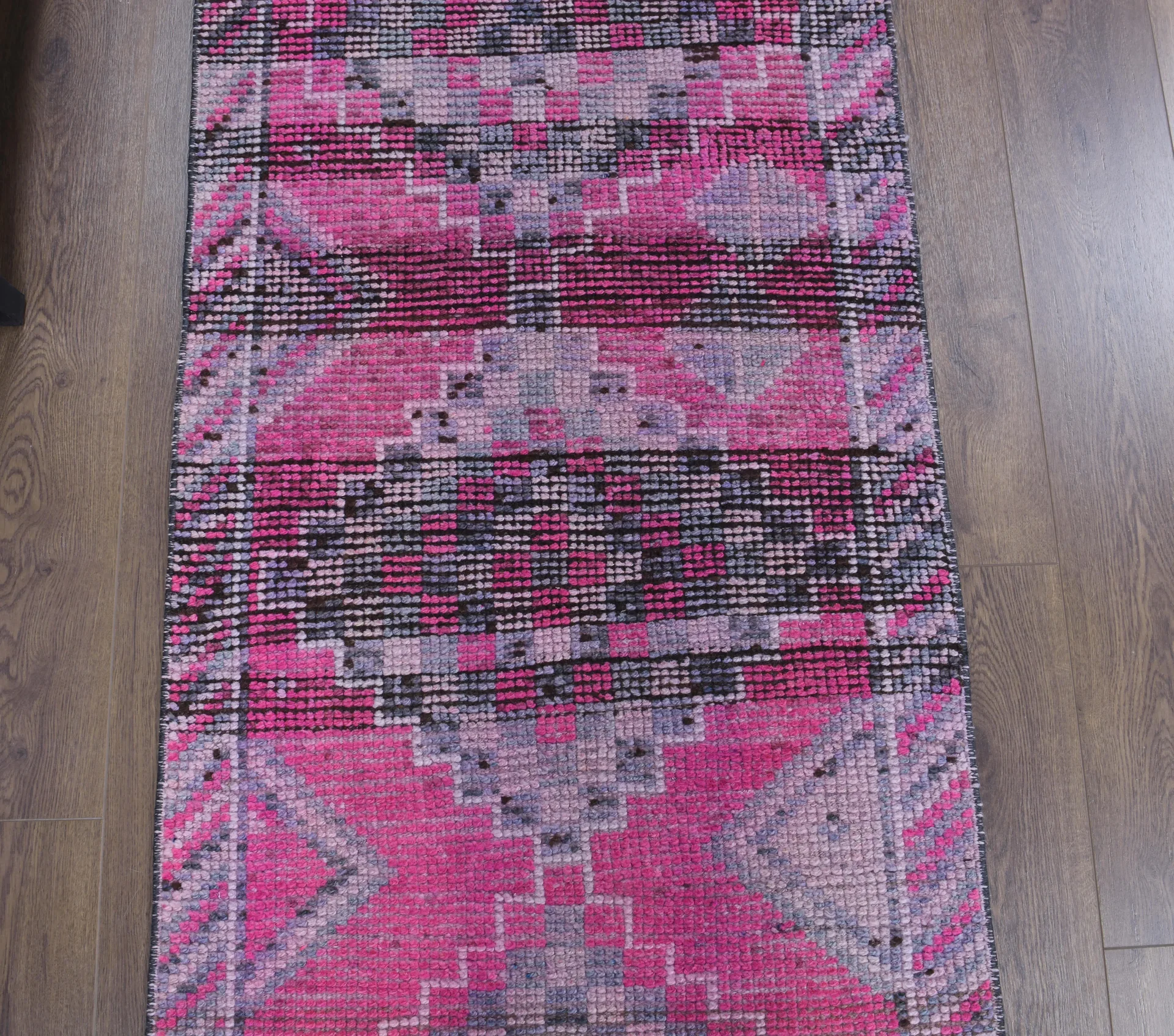 Vintage Turkish Runner Pink Geometric Wool Area Rug