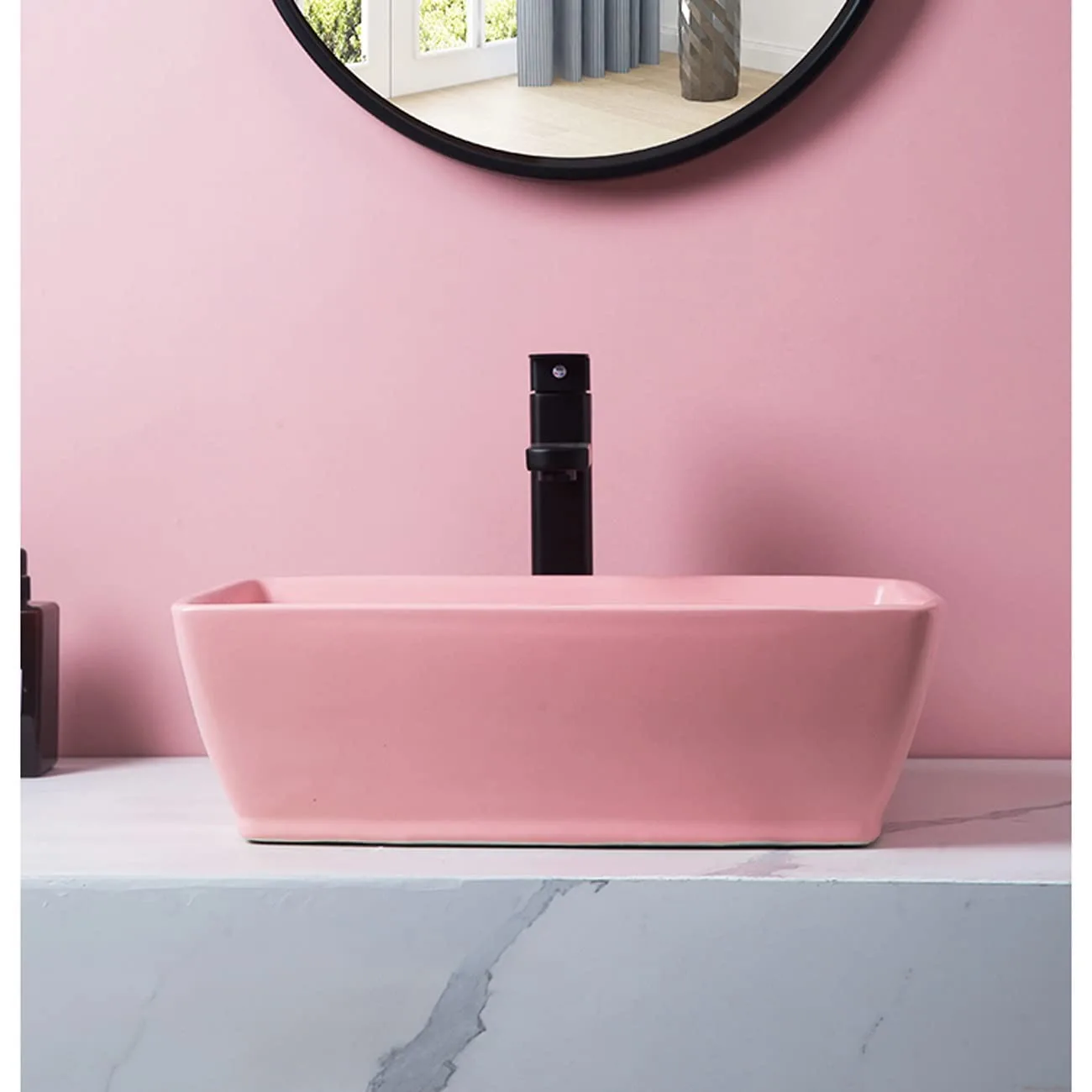 Pink Rectangular Ceramic Vessel Sink