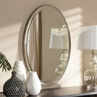 Polished Silver Beaded Oval Mirror