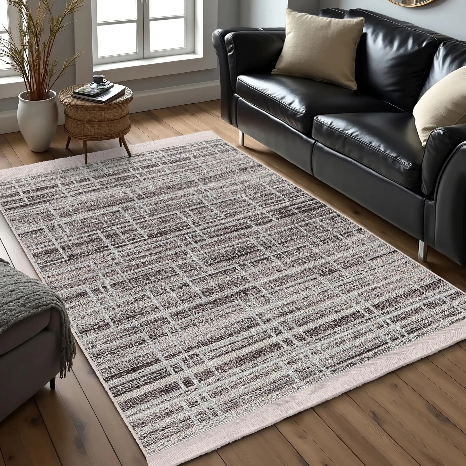 Gray Geometric Area Rug-white Line Grid Rug-contemporary Living Room Carpet-stylish Floor Mat-chic Accent Rug-monochrome Floor Runner