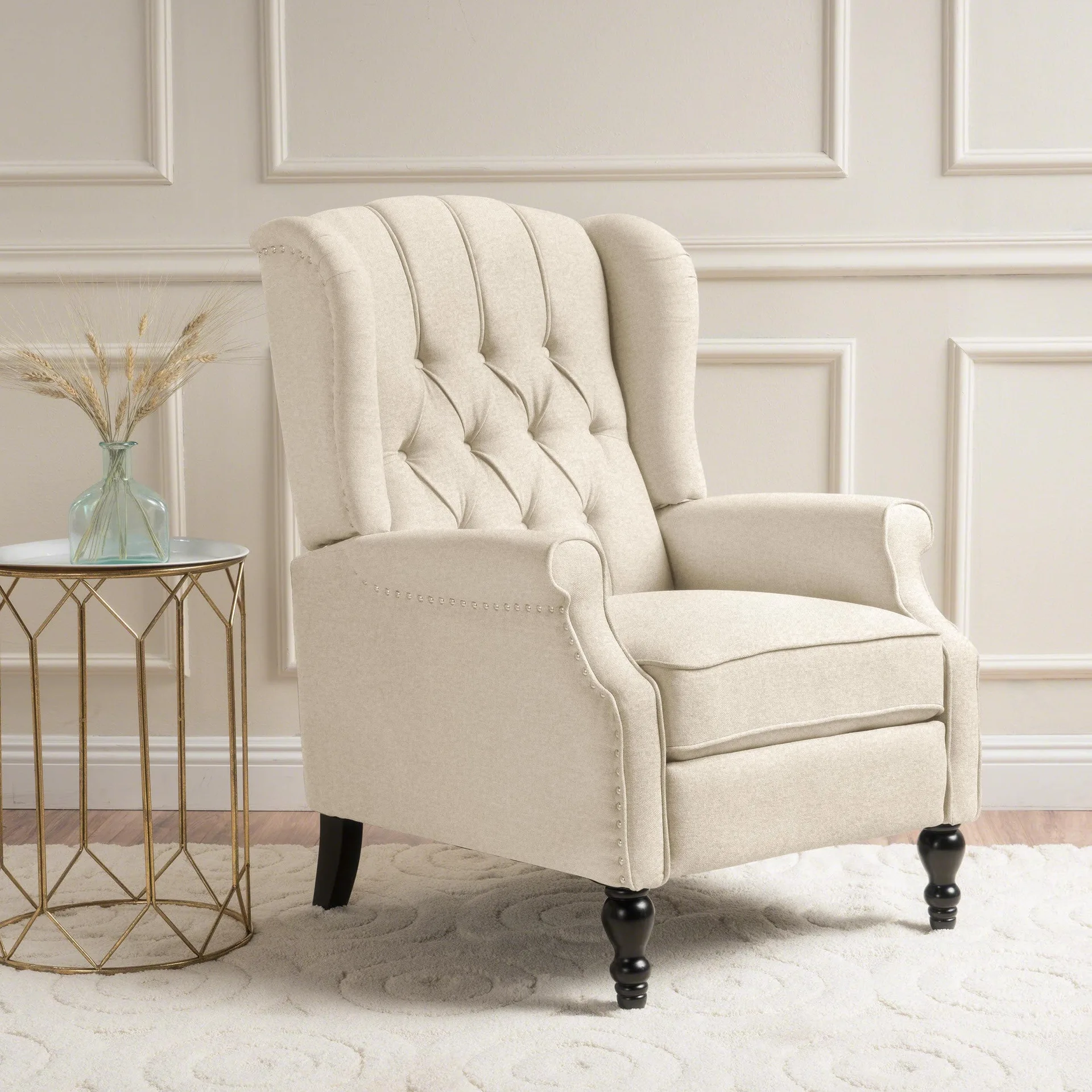 Walter Beige Fabric Tufted Wingback Recliner