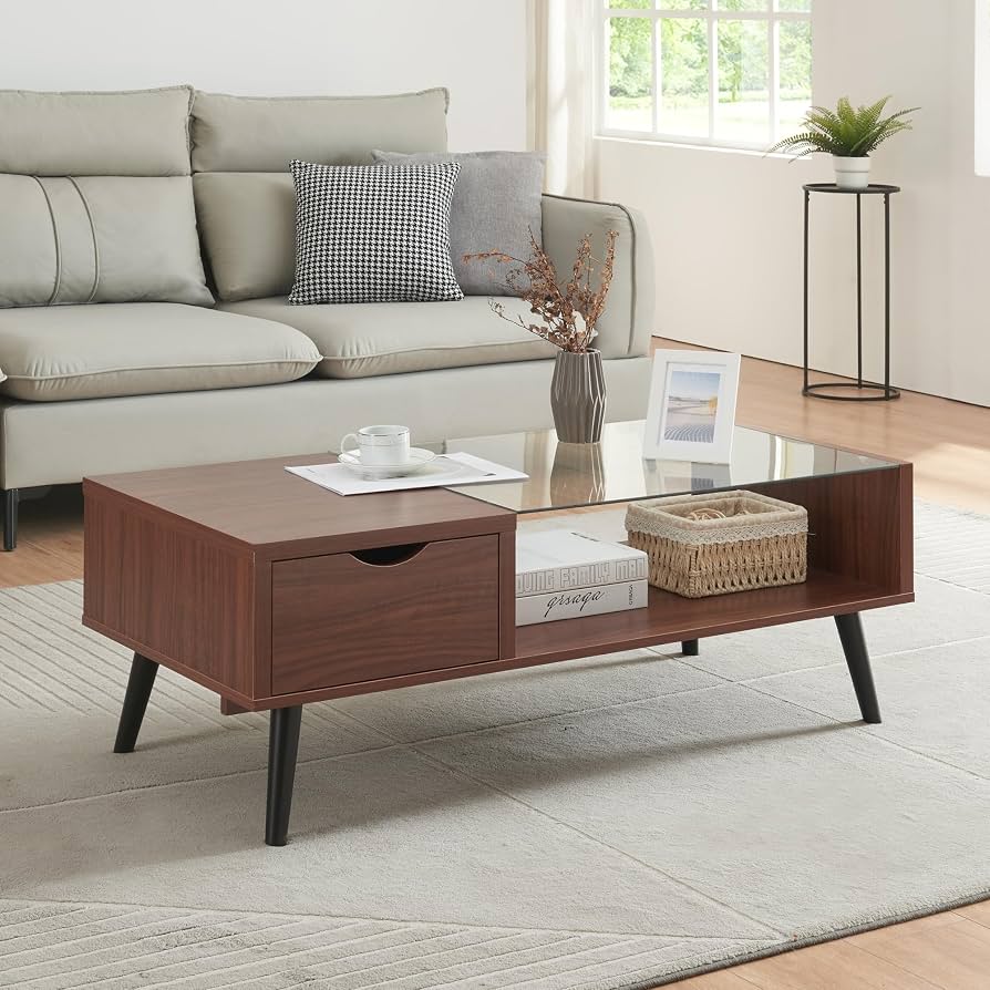 Markaryd Mid-Century Rectangular Walnut and Glass Coffee Table