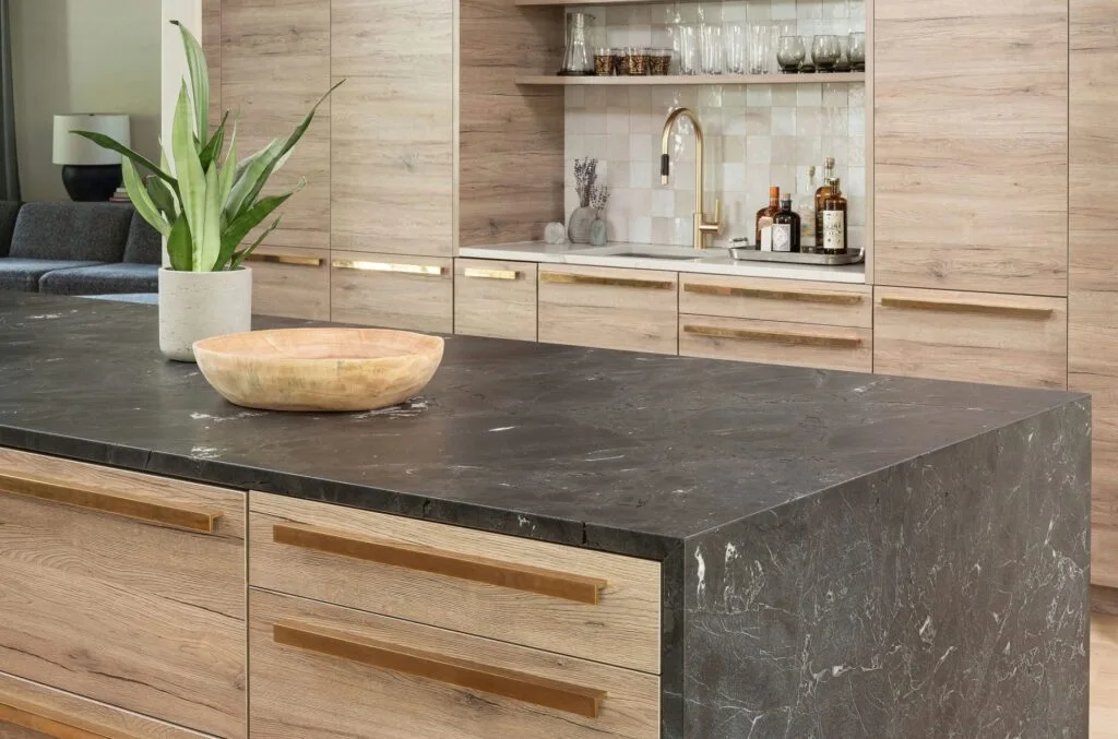 Modern Wood and Stone Kitchen Island